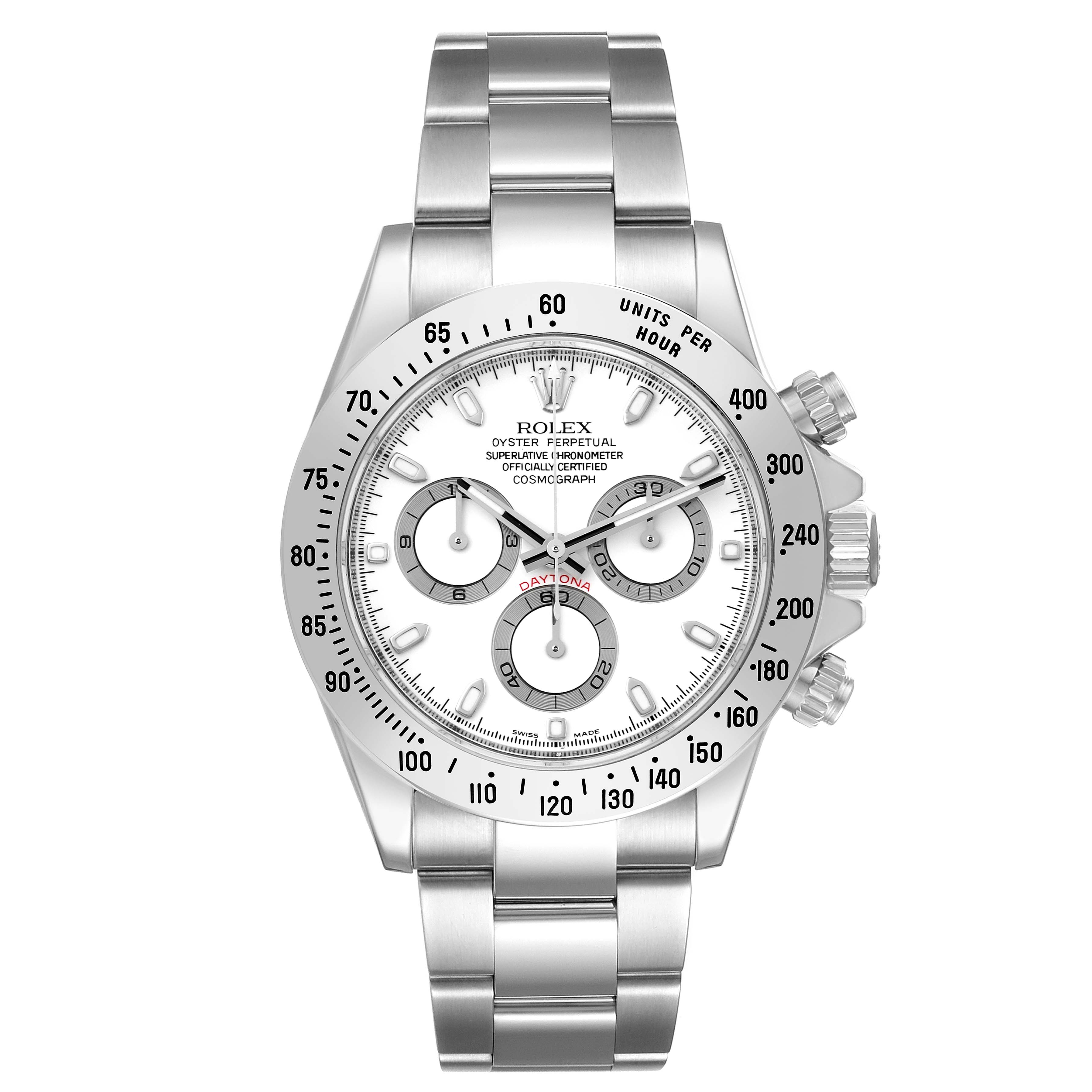 This image shows a full frontal view of a Rolex Daytona 116520 Men
s Stainless Steel White Dial 116520 Men
s Stainless Steel White Dial watch, highlighting its bracelet, bezel, and chronograph dials.