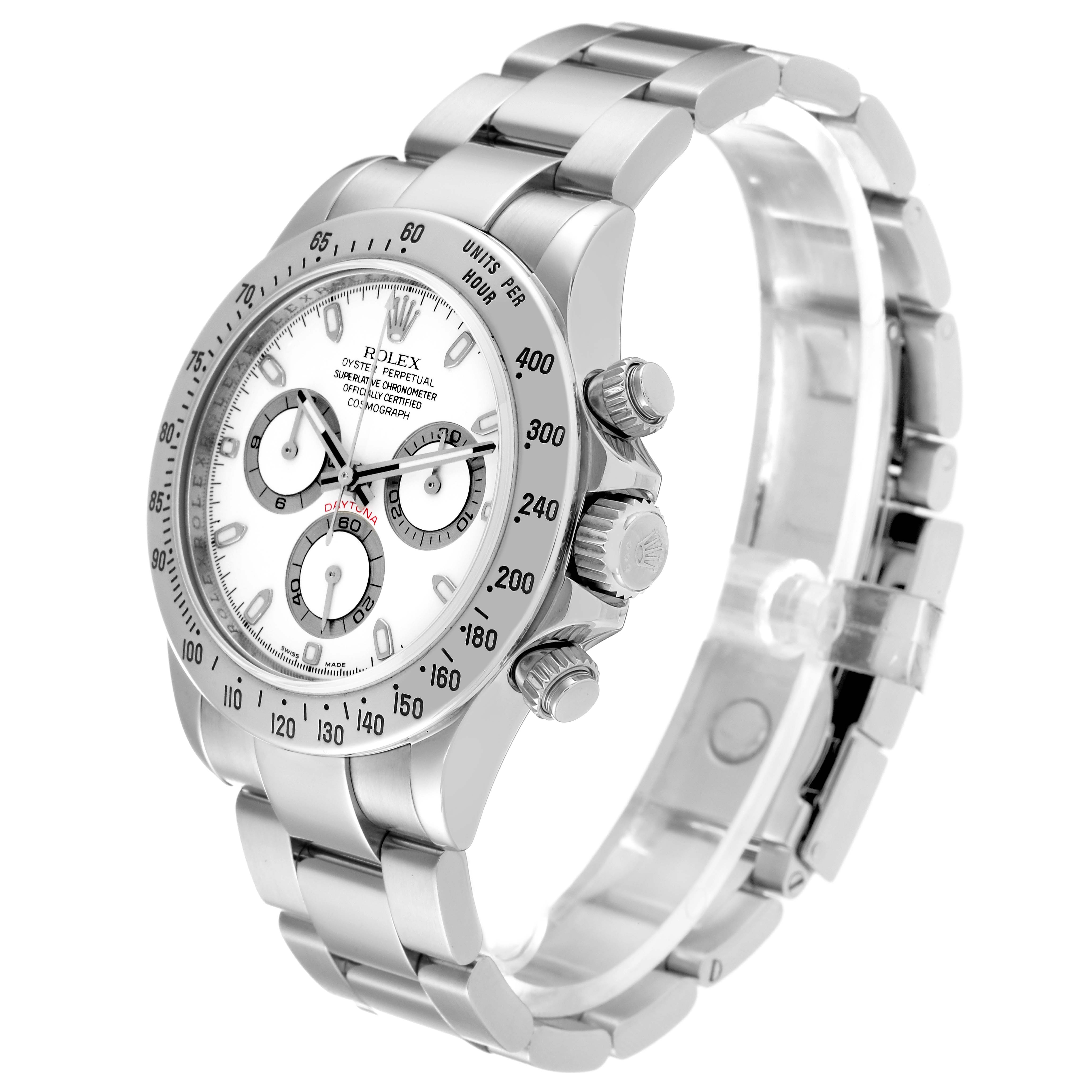 The image shows a Rolex Daytona 116520 Men
s Stainless Steel White Dial 116520 Men
s Stainless Steel White Dial watch from a three-quarter angle, highlighting the face, chronograph dials, bezel, and bracelet.