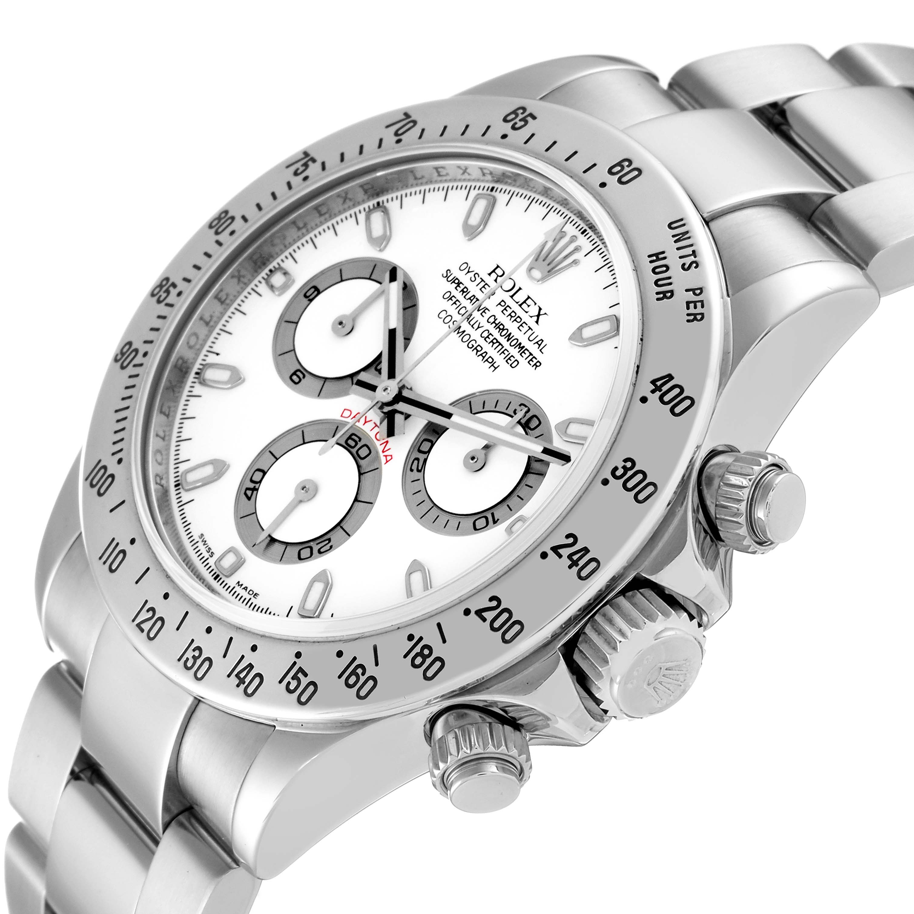 This image shows a Rolex Daytona 116520 Men
s Stainless Steel White Dial 116520 Men
s Stainless Steel White Dial watch at an angled view, highlighting the dial, bezel, and part of the bracelet.