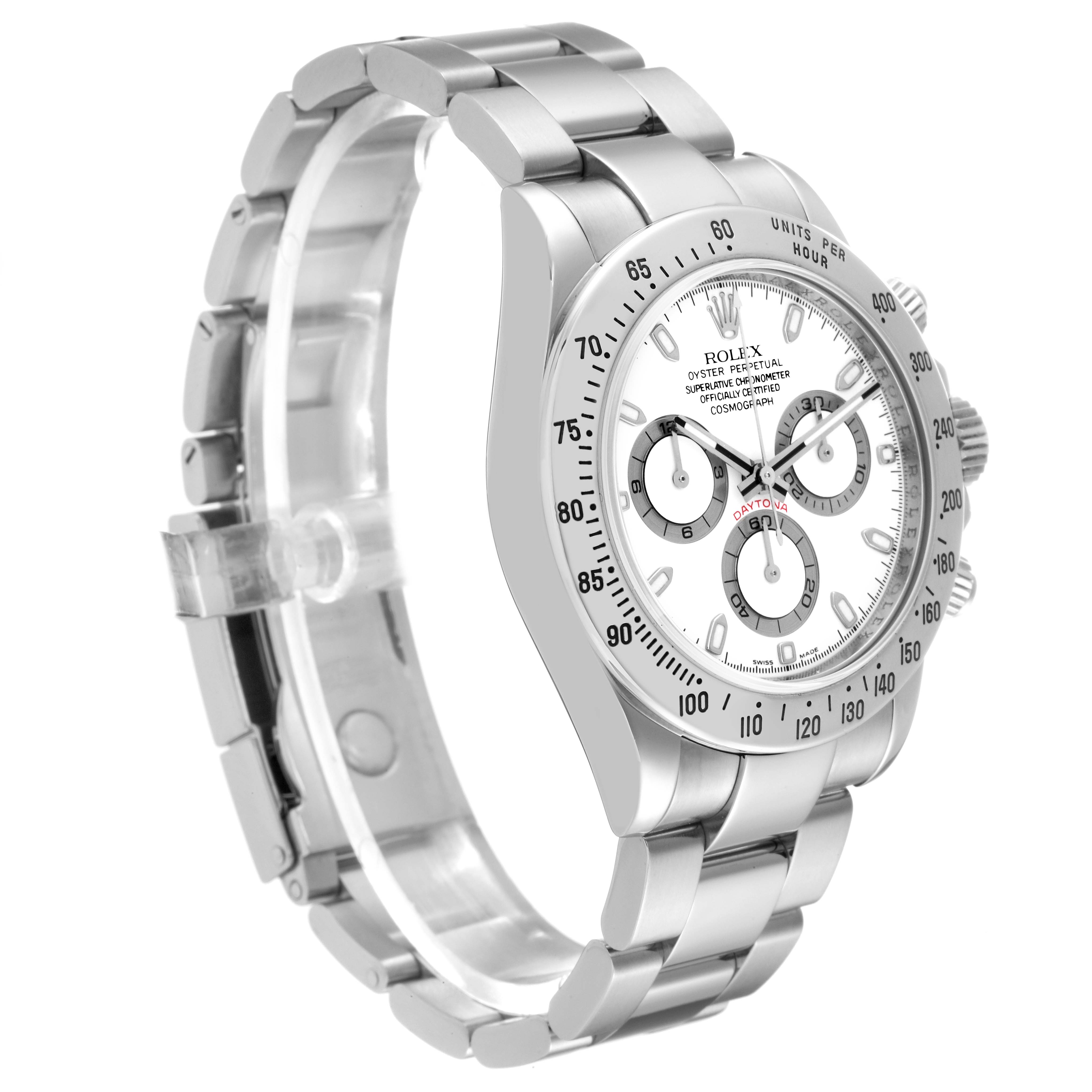 The image shows a side angle of the Rolex Daytona 116520 Men
s Stainless Steel White Dial 116520 Men
s Stainless Steel White Dial watch, highlighting the bracelet, case, and dial.