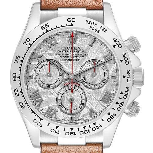 The image shows a Rolex Daytona 116519 Men's White Gold Silver Dial watch from a top-down angle, highlighting the face, subdials, bezel, and buttons.