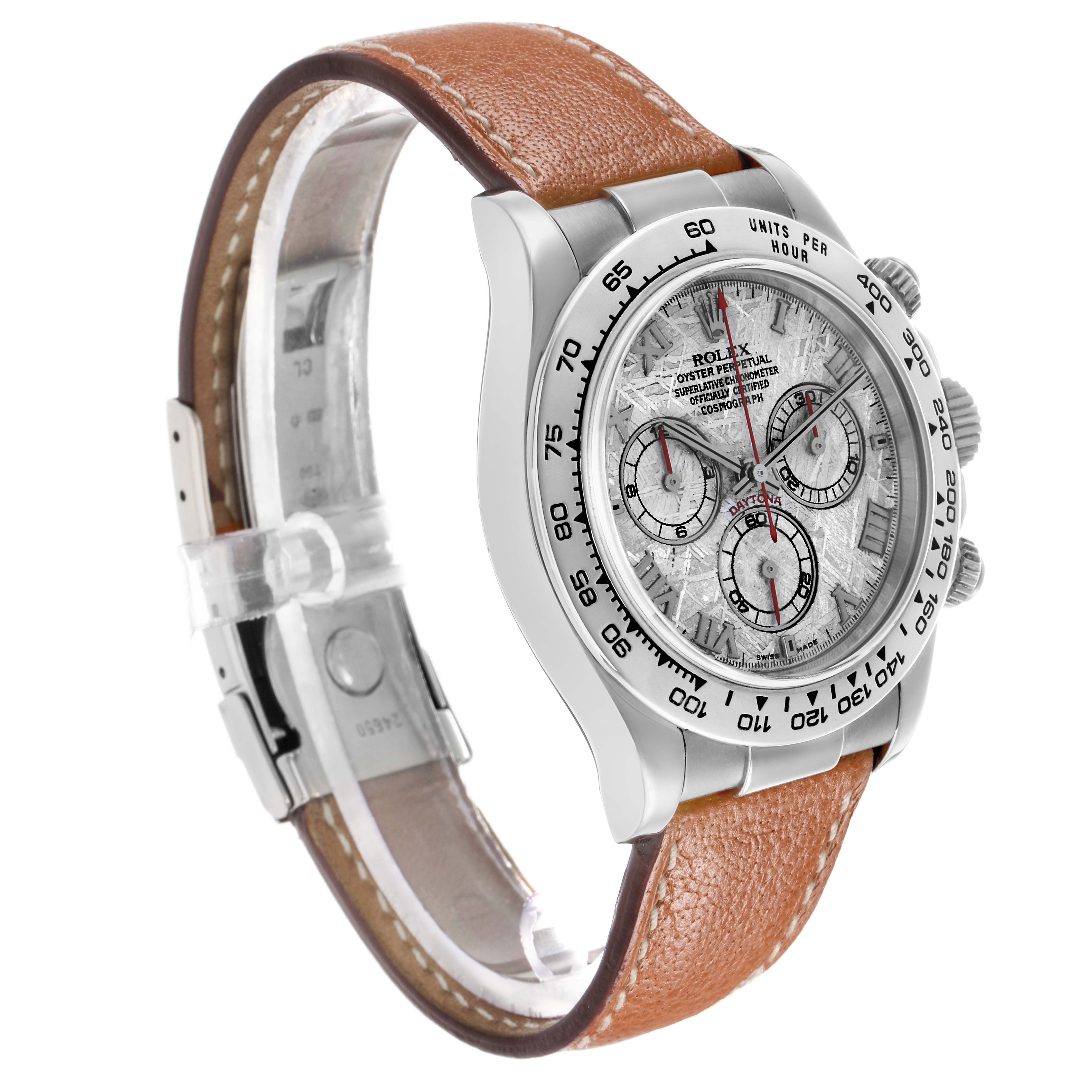 The Rolex Daytona 116519 Men's White Gold Silver Dial watch is shown at a three-quarter angle, highlighting the face, bezel, side buttons, and leather strap.