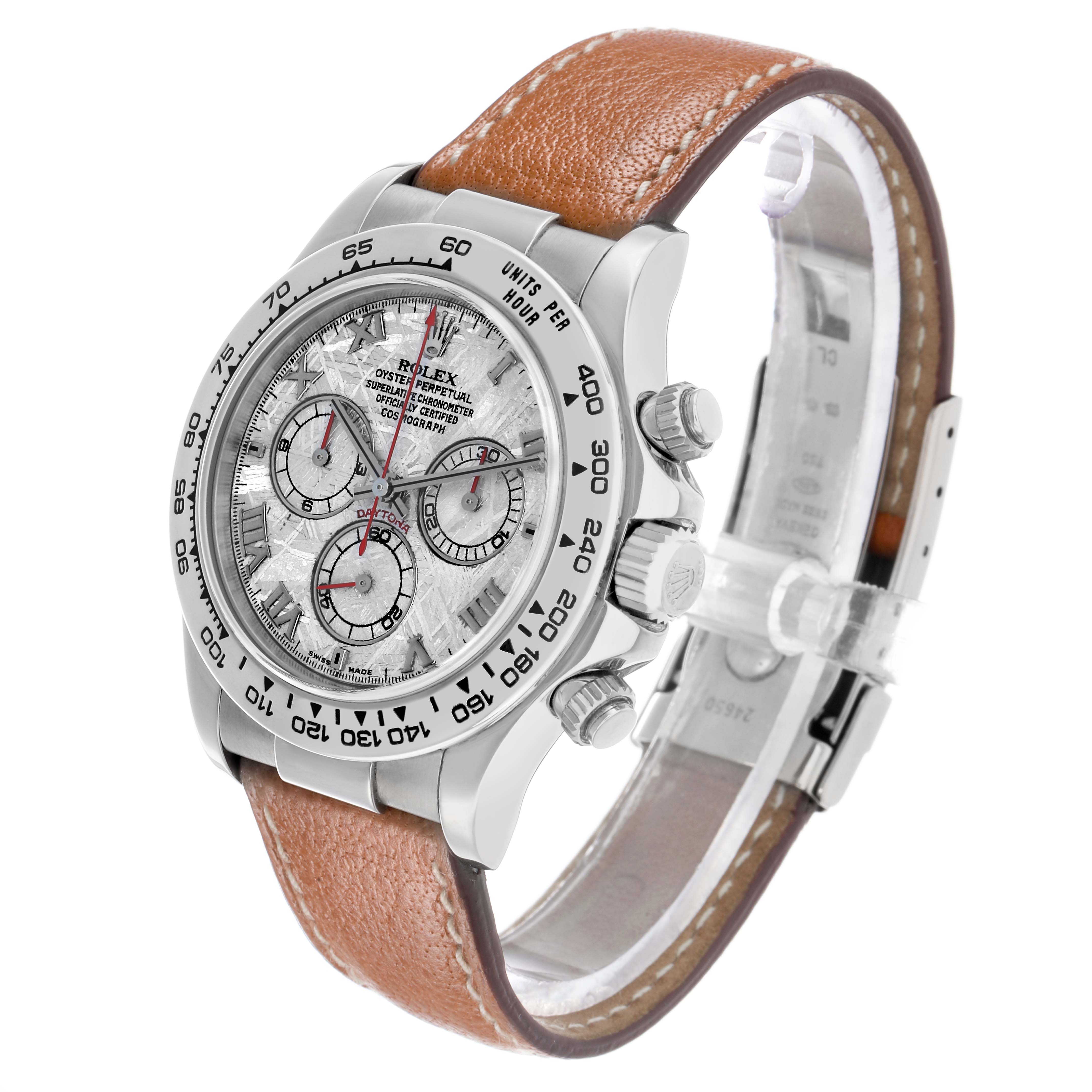 The Rolex Daytona 116519 Men's White Gold Silver Dial watch is shown at a three-quarter angle, displaying its face, bezel, pushers, crown, and brown leather strap.