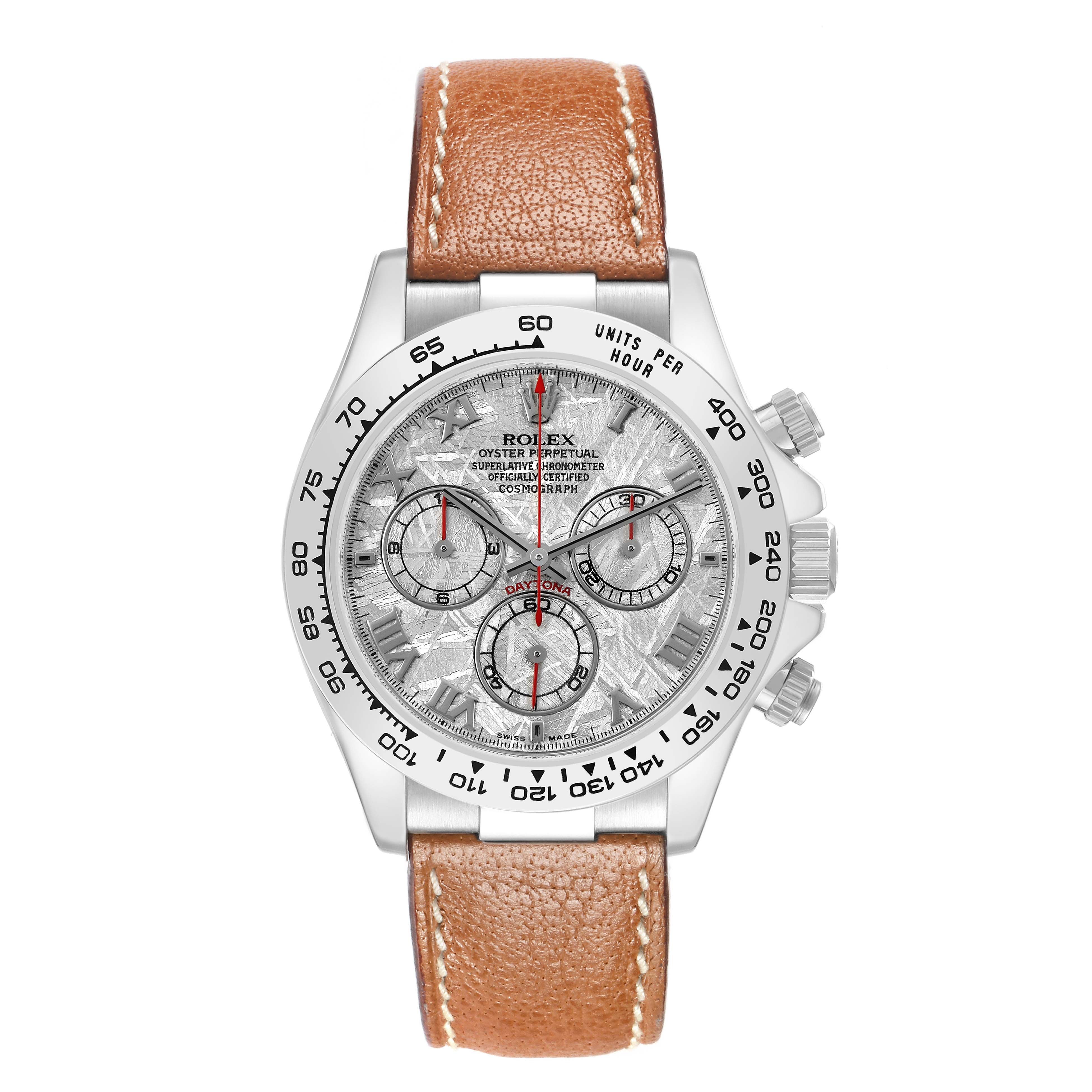 The Rolex Daytona 116519 Men's White Gold Silver Dial watch is shown from a top view, displaying its face, bezel, subdials, pushers, and leather strap.