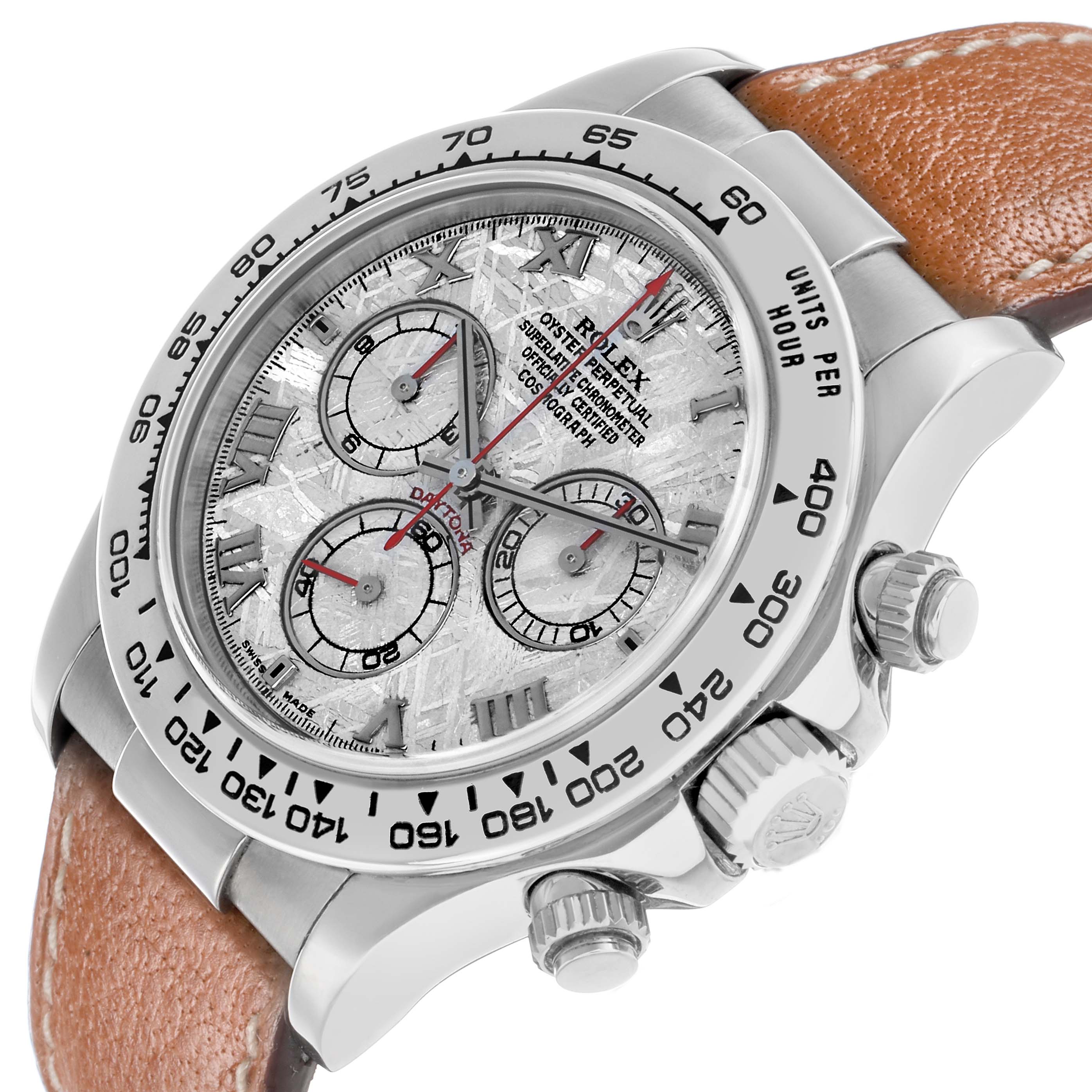 The Rolex Daytona 116519 Men's White Gold Silver Dial watch is shown from a side angle, highlighting the face, bezel, and leather strap.