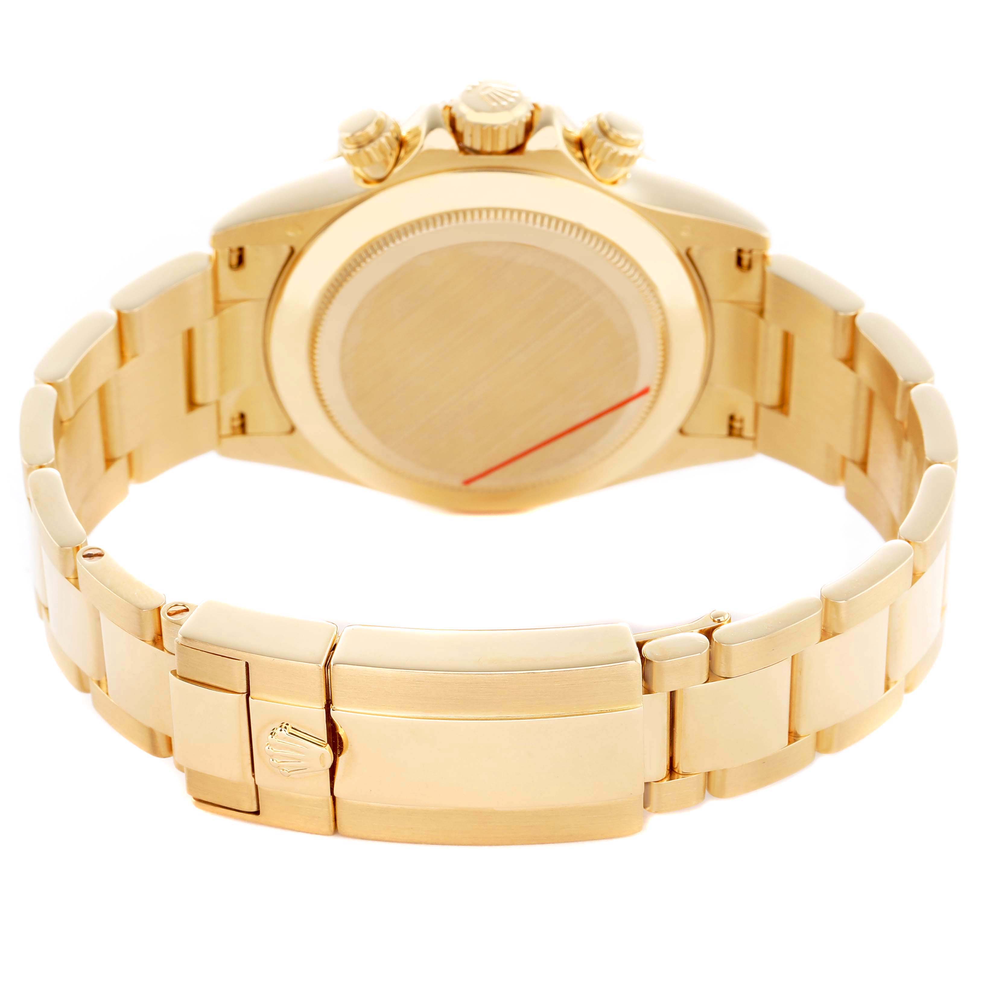 The image shows the back and clasp of a gold Rolex Daytona 116528 Men's Yellow Gold Mother of Pearl Dial watch, emphasizing the bracelet and case back.