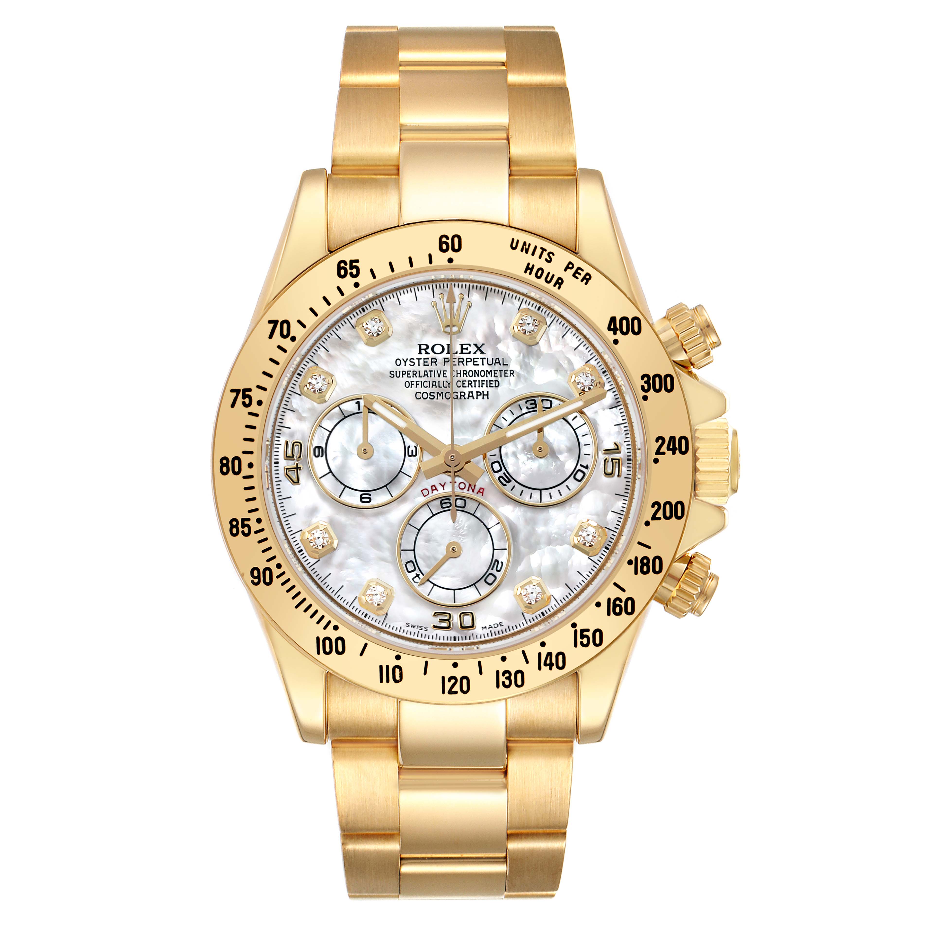 The Rolex Daytona 116528 Men's Yellow Gold Mother of Pearl Dial watch is shown from a frontal angle, highlighting the dial, bezel, and bracelet.