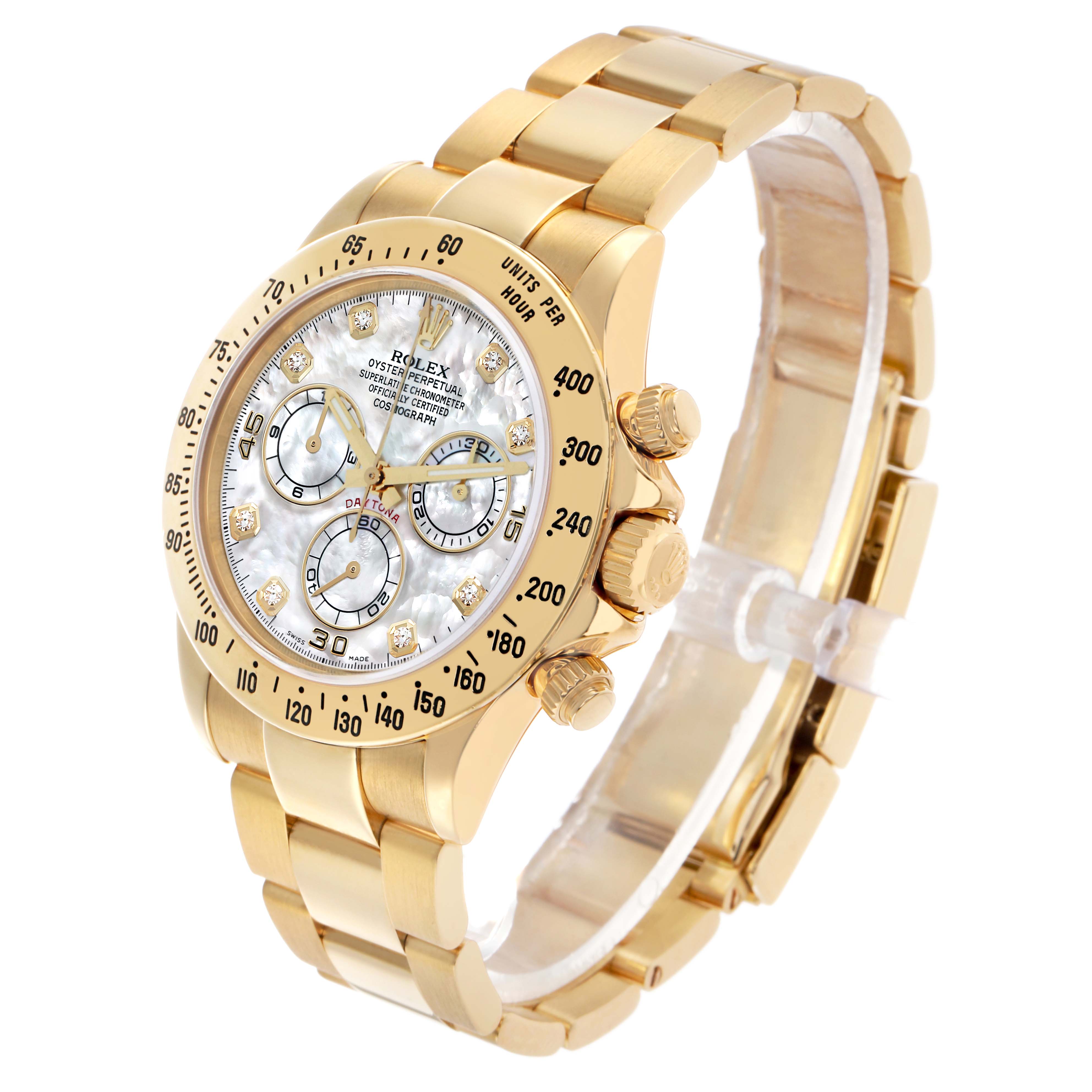 The Rolex Daytona 116528 Men's Yellow Gold Mother of Pearl Dial watch is shown at a three-quarter angle, highlighting the dial, tachymeter bezel, and bracelet.