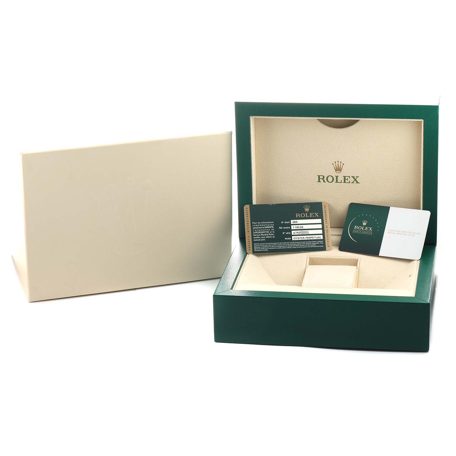 The image shows a Rolex Daytona 116528 Men's Yellow Gold Mother of Pearl Dial watch box at a slight angle displaying the inner lining, warranty card, and a manual.