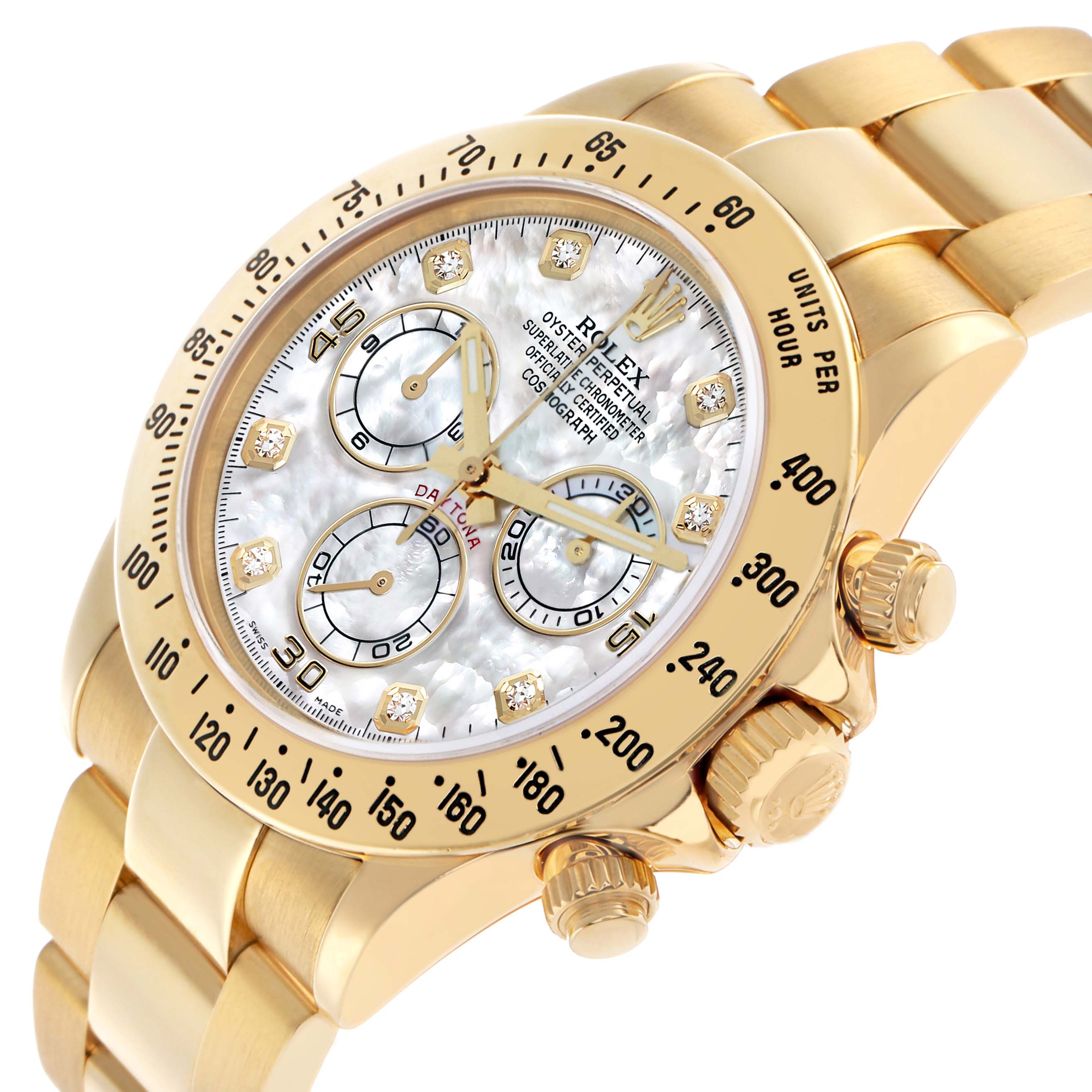 The image shows a Rolex Daytona 116528 Men's Yellow Gold Mother of Pearl Dial watch at a slight side angle, highlighting its face, bezel, crown, and part of the bracelet.