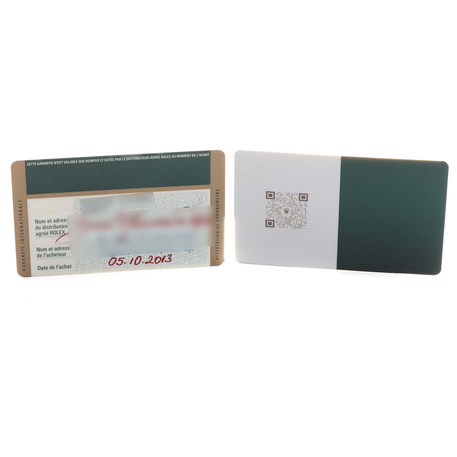 The image shows two identification cards for the Rolex Daytona 116528 Men's Yellow Gold Mother of Pearl Dial model, one with purchase details and the other with a QR code.