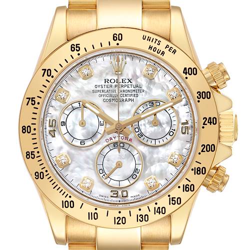 Photo of Rolex Daytona Yellow Gold Mother of Pearl Diamond Mens Watch 116528 Box Card