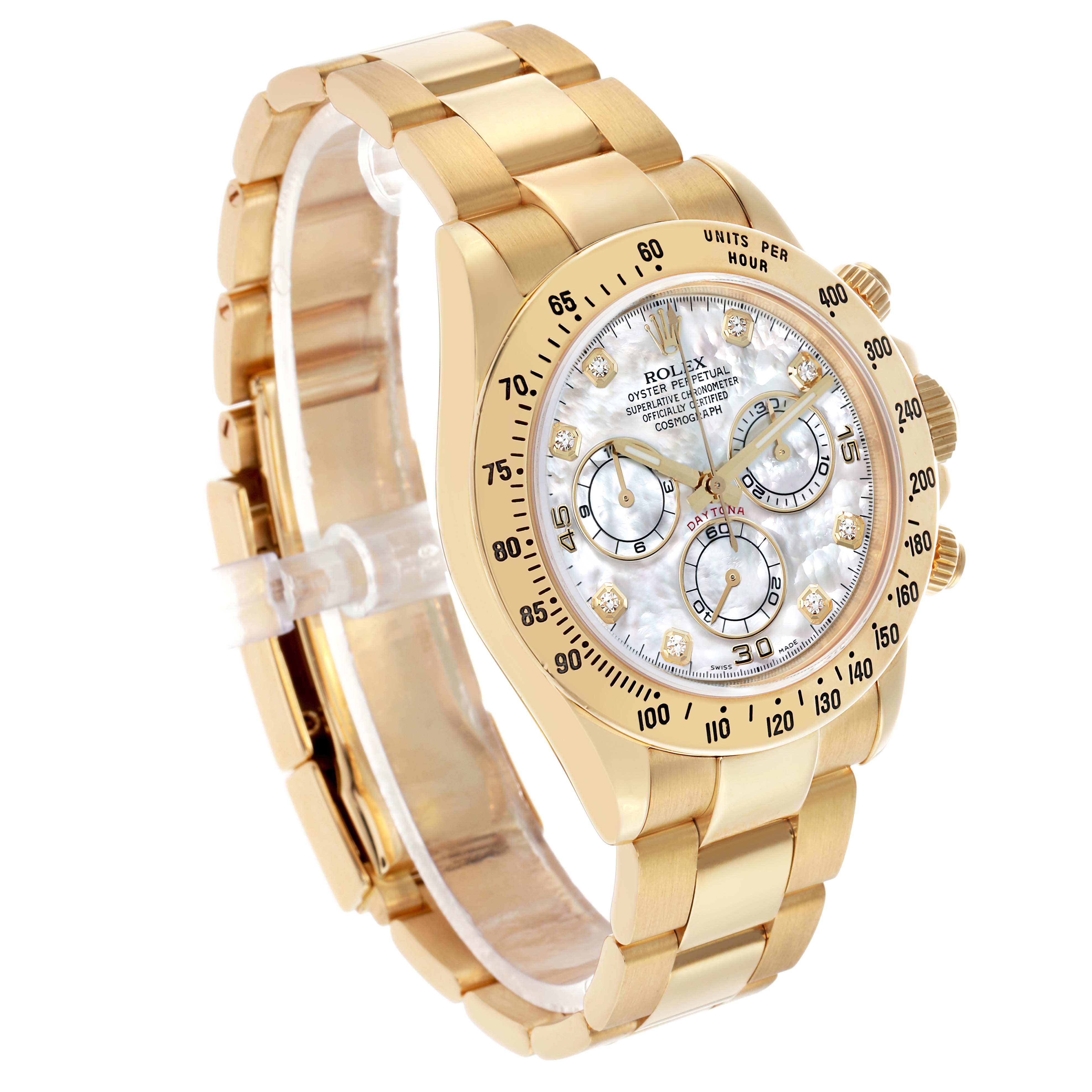 The Rolex Daytona 116528 Men's Yellow Gold Mother of Pearl Dial watch is shown at a three-quarter angle, displaying the face, bezel, crown, and part of the bracelet.