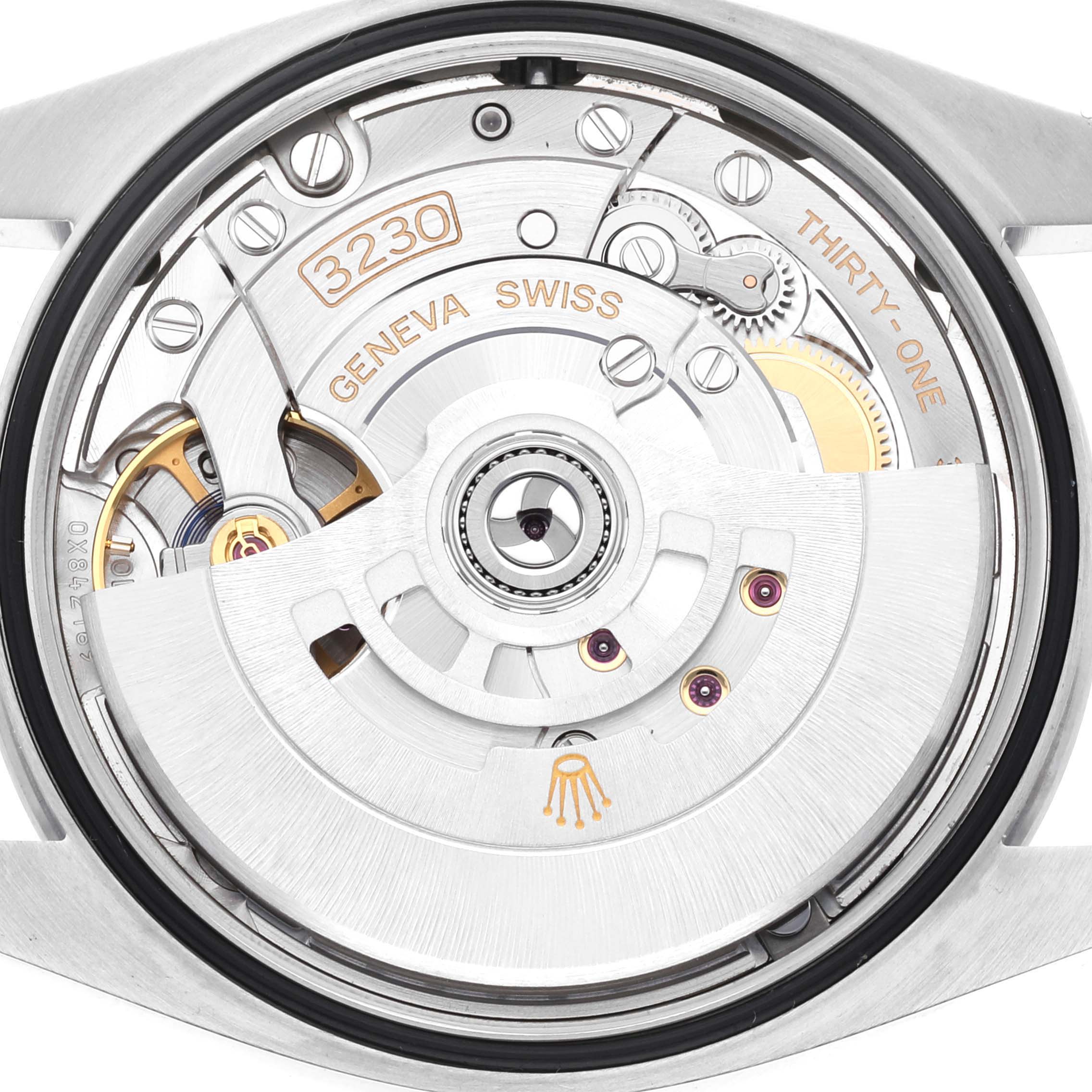 The image shows the movement and internal mechanism of a Rolex Explorer 124270 Men
s Stainless Steel Black Dial 124270 Men
s Stainless Steel Black Dial watch model.