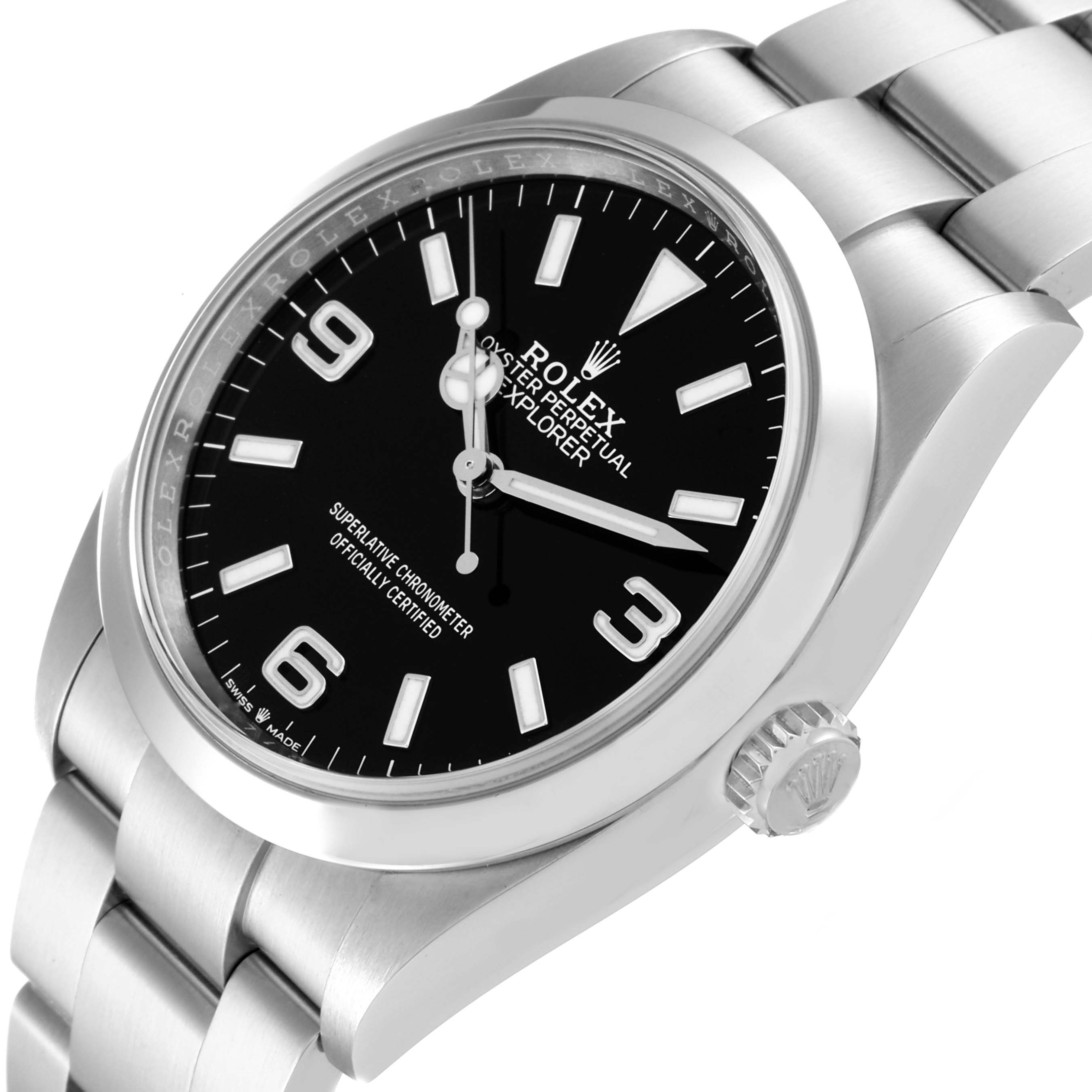 The Rolex Explorer 124270 Men
s Stainless Steel Black Dial 124270 Men
s Stainless Steel Black Dial watch is shown at a three-quarter angle, highlighting the dial, bezel, crown, and part of the bracelet.