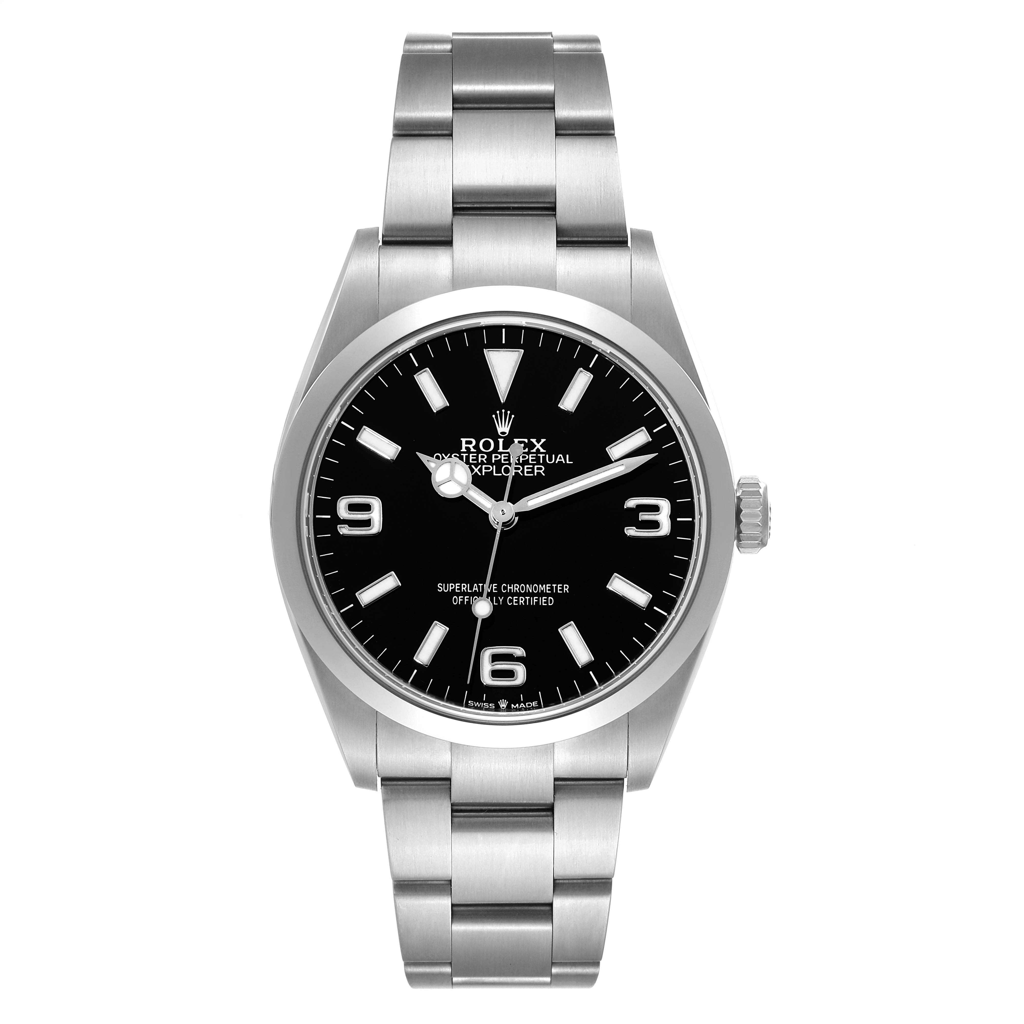 The Rolex Explorer 124270 Men
s Stainless Steel Black Dial 124270 Men
s Stainless Steel Black Dial watch is shown from a front angle, displaying the face, bezel, and bracelet.