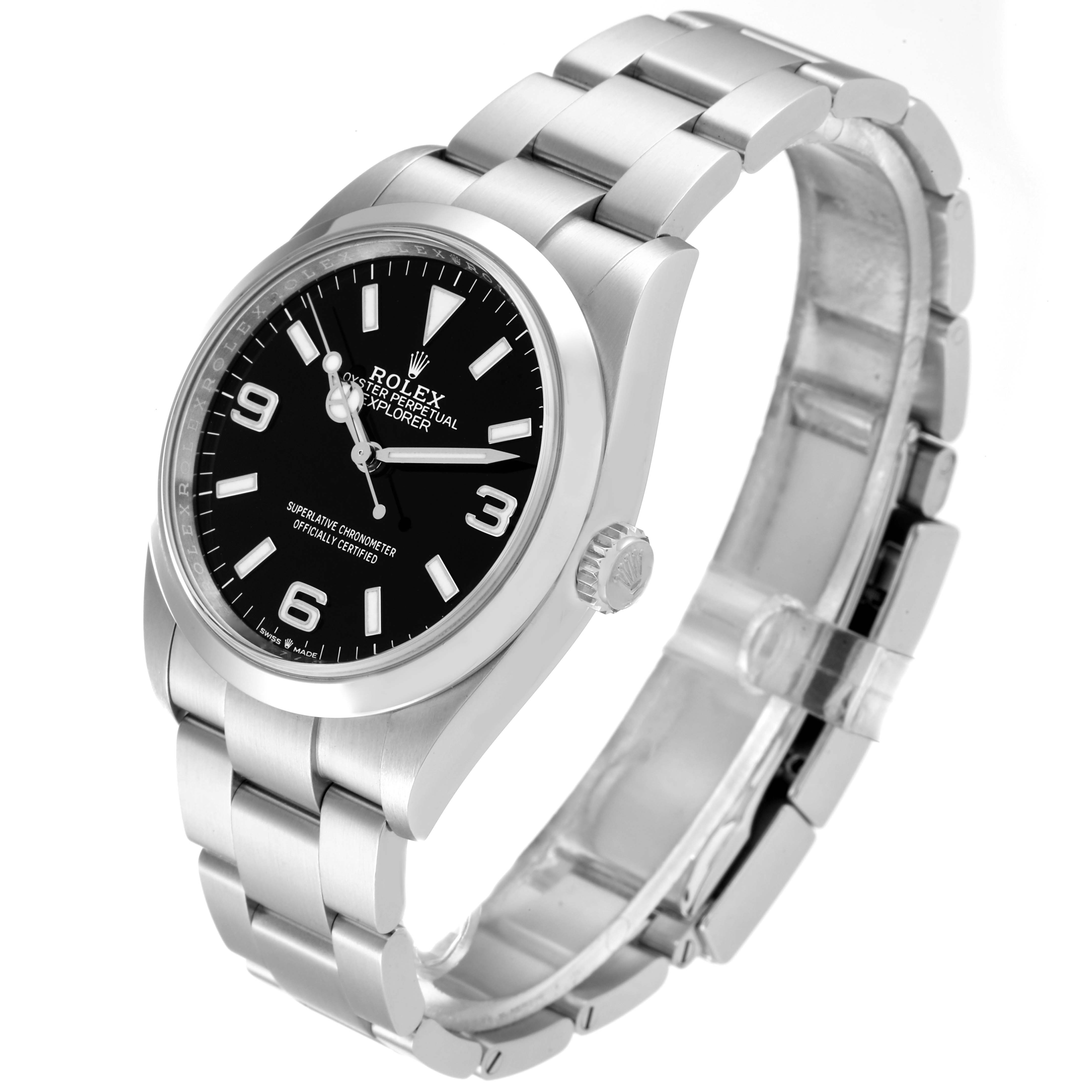 This image shows a side and angled view of the Rolex Explorer 124270 Men
s Stainless Steel Black Dial 124270 Men
s Stainless Steel Black Dial watch, highlighting the black dial, bracelet, and crown.