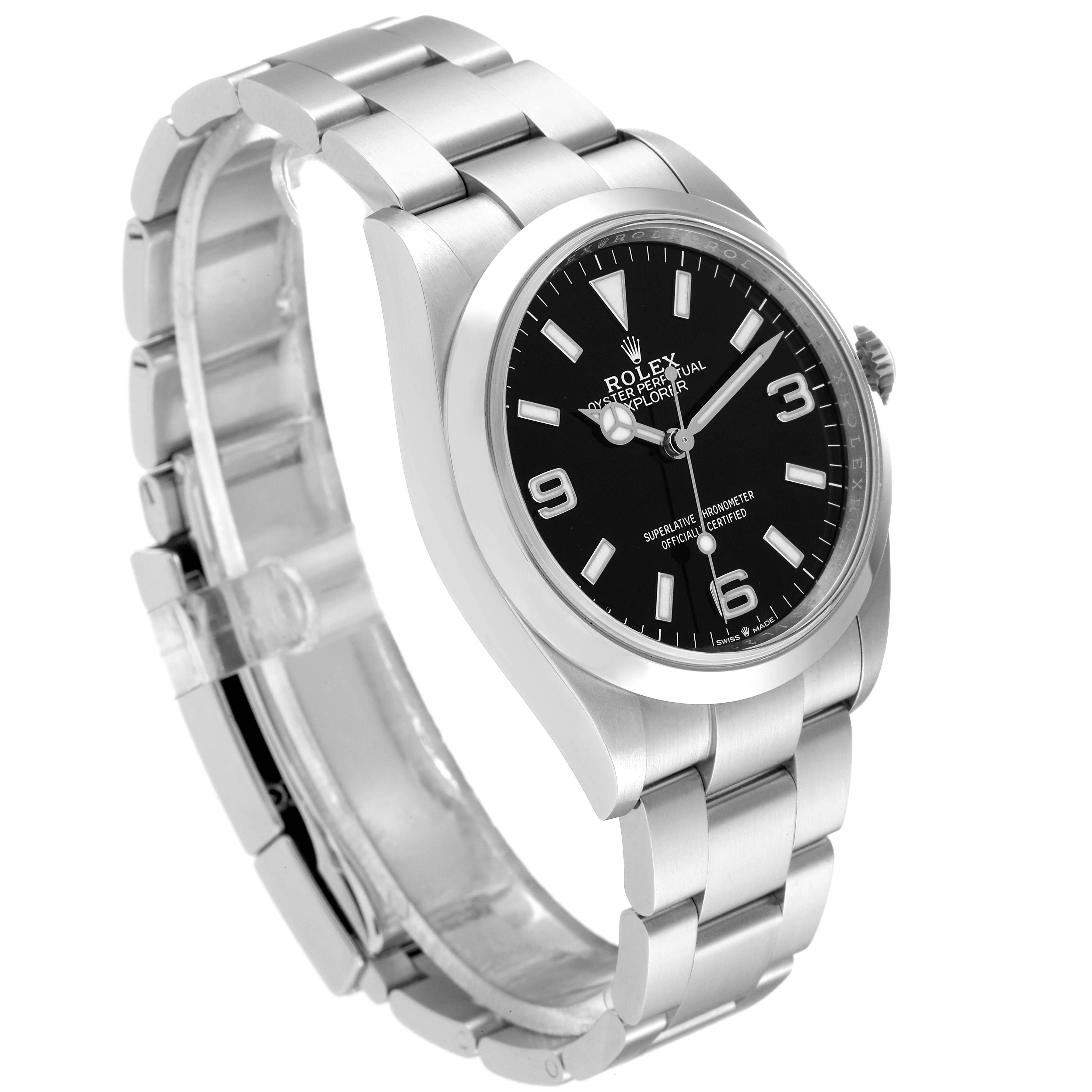 The image shows a side view of the Rolex Explorer 124270 Men
s Stainless Steel Black Dial 124270 Men
s Stainless Steel Black Dial watch, highlighting its black dial, stainless steel case, and bracelet.