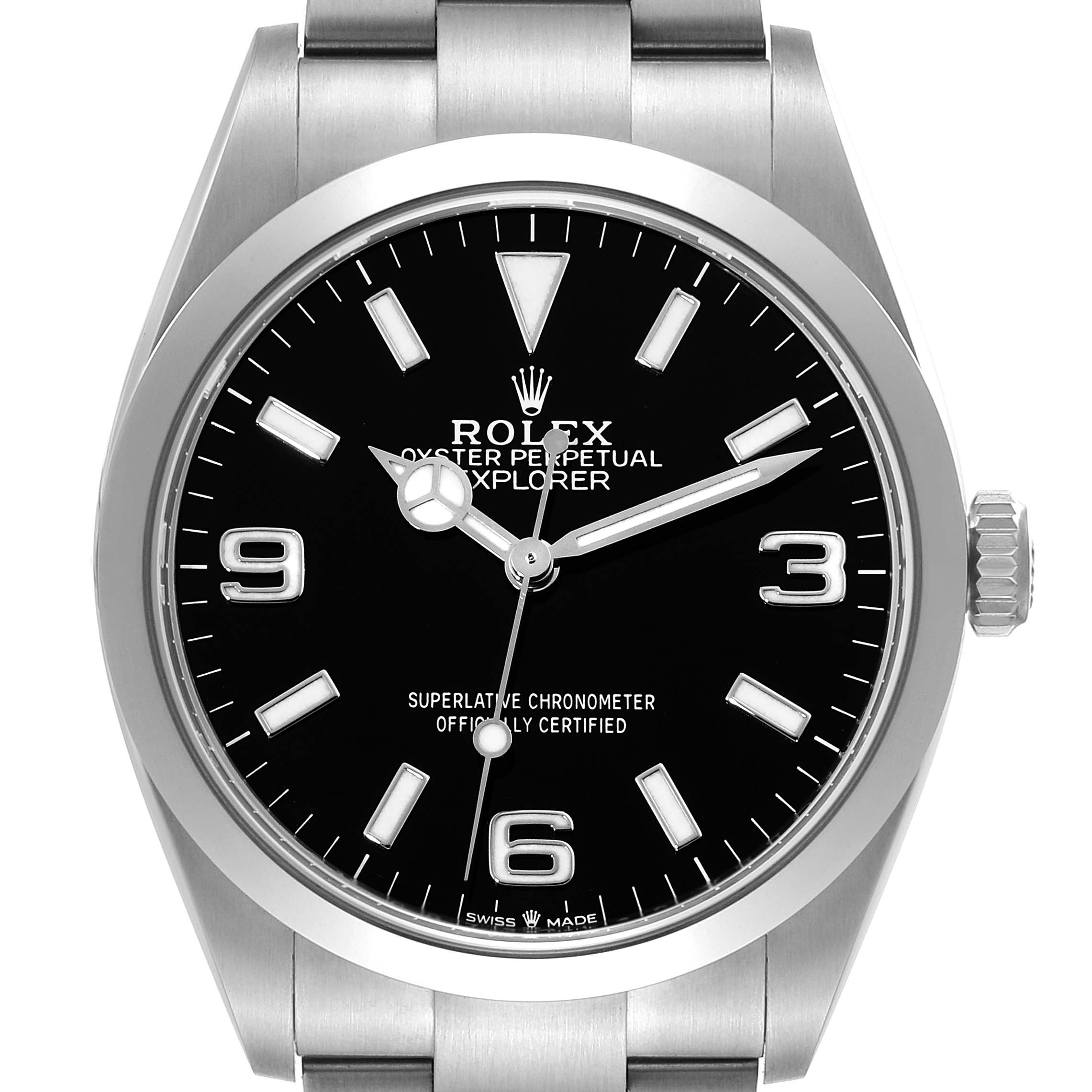 This image shows a frontal view of a Rolex Explorer 124270 Men
s Stainless Steel Black Dial 124270 Men
s Stainless Steel Black Dial watch, highlighting its dial, case, and part of the bracelet.