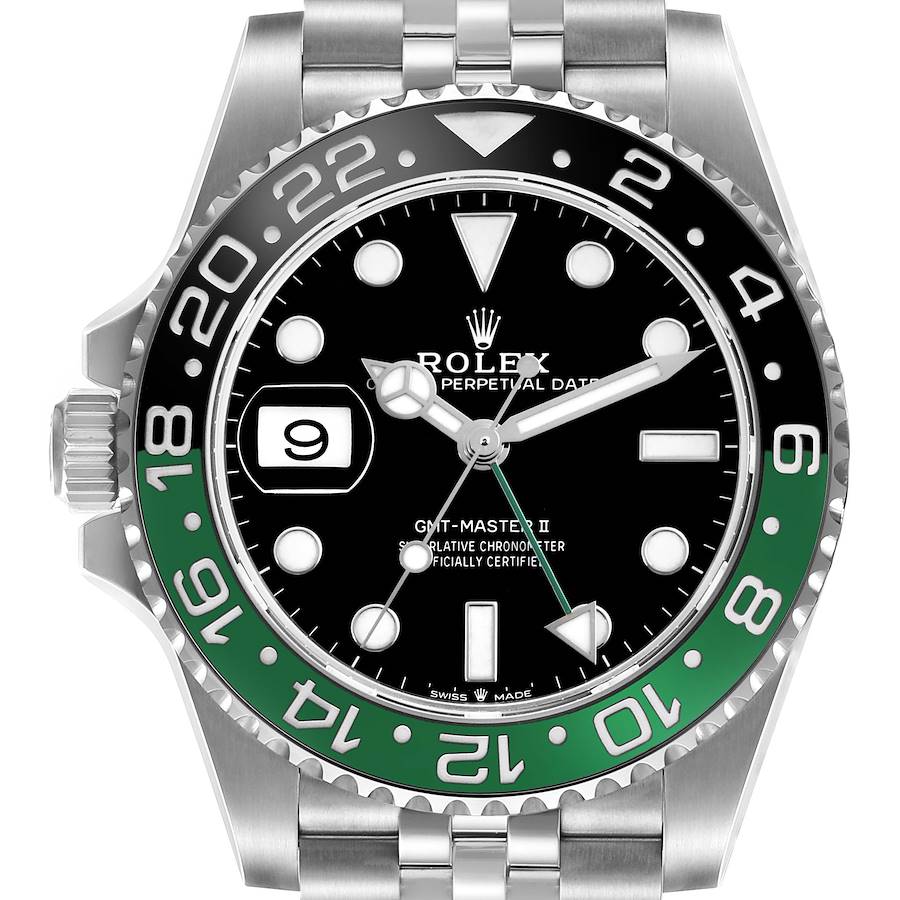 The image shows a frontal view of the Rolex GMT-Master II watch, highlighting its bezel, dial, and bracelet.