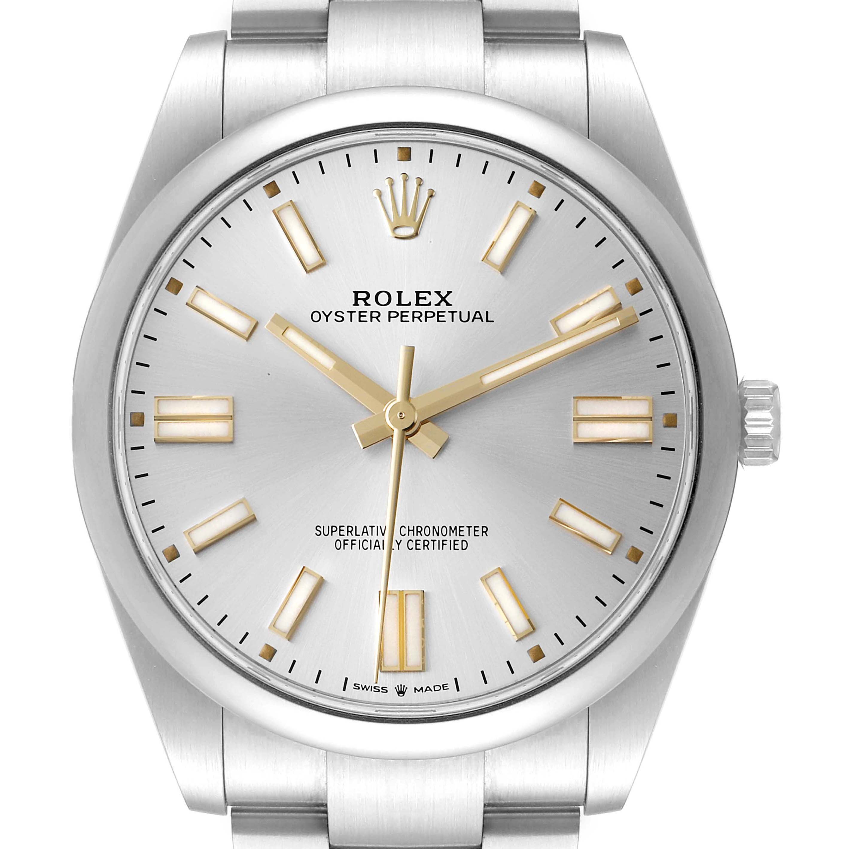 The image shows a front view of the Rolex Oyster Perpetual 124300 Men
s Stainless Steel Silver Dial 124300 Men
s Stainless Steel Silver Dial watch, highlighting its dial, hands, indices, crown, and part of the bracelet.