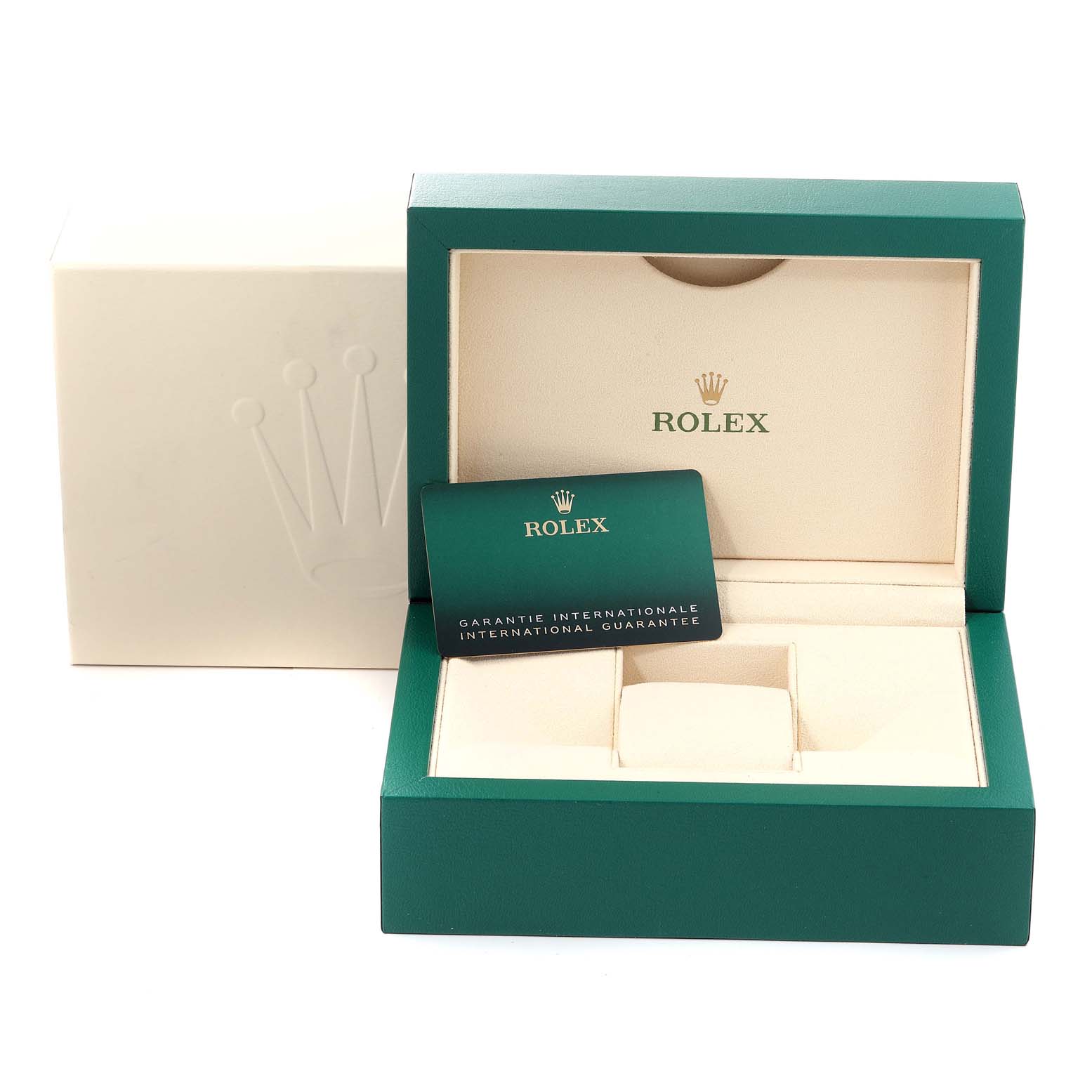 The image shows an empty Rolex Oyster Perpetual 124300 Men
s Stainless Steel Silver Dial 124300 Men
s Stainless Steel Silver Dial watch box with an international guarantee card inside.