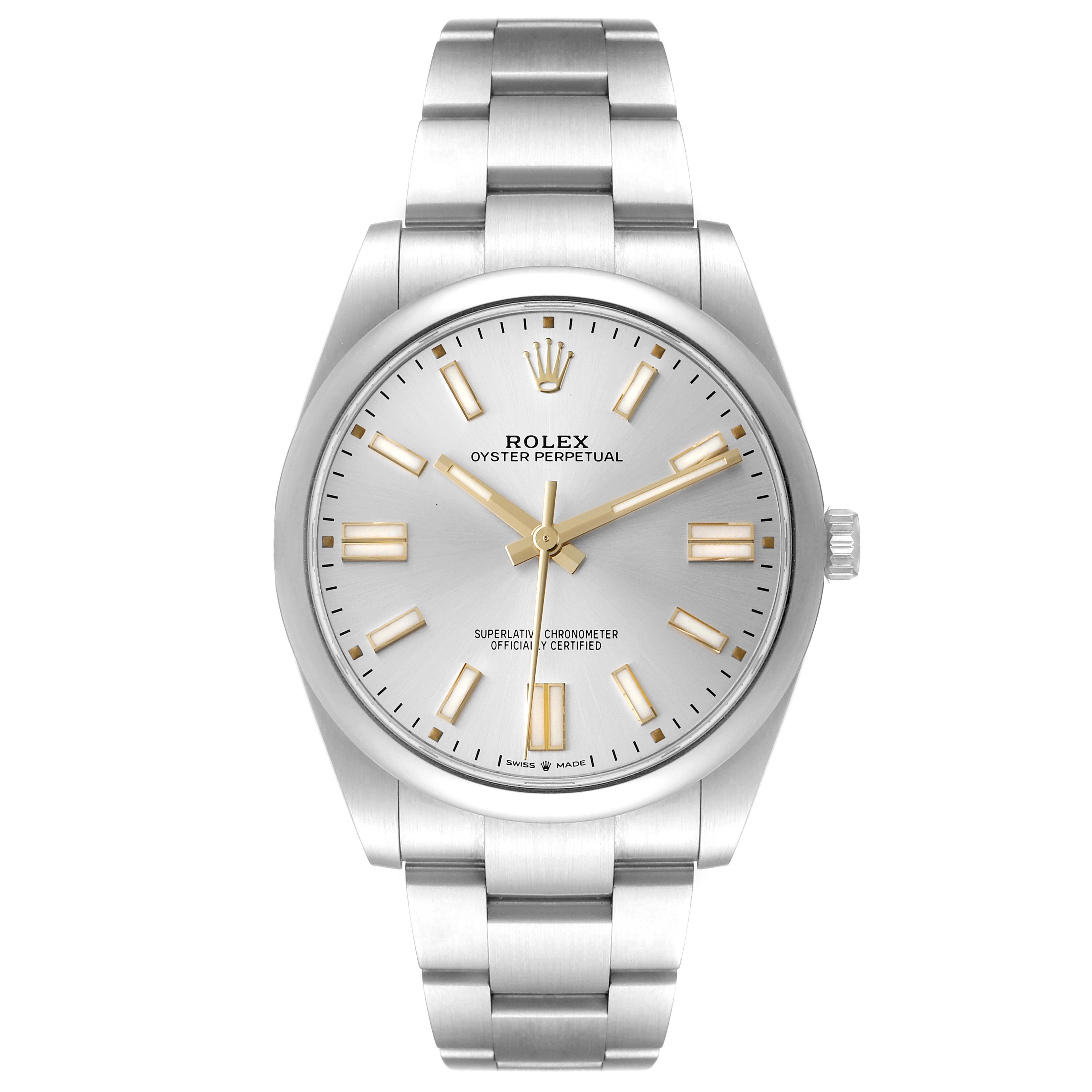 The image shows a front view of a Rolex Oyster Perpetual 124300 Men
s Stainless Steel Silver Dial 124300 Men
s Stainless Steel Silver Dial watch, highlighting the face, bezel, and bracelet.