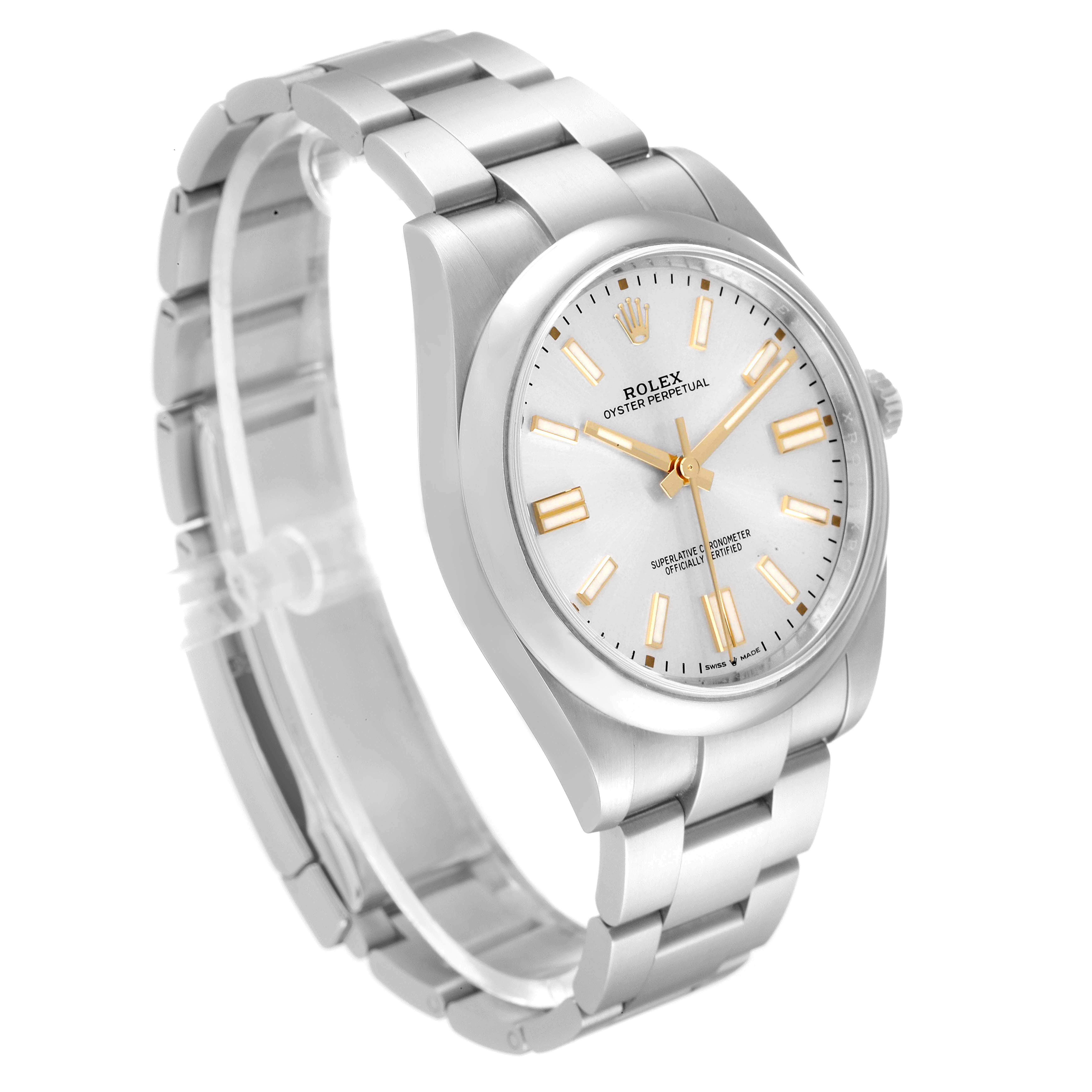 The image shows a Rolex Oyster Perpetual 124300 Men
s Stainless Steel Silver Dial 124300 Men
s Stainless Steel Silver Dial watch at a three-quarter angle, displaying the face, bezel, and bracelet.