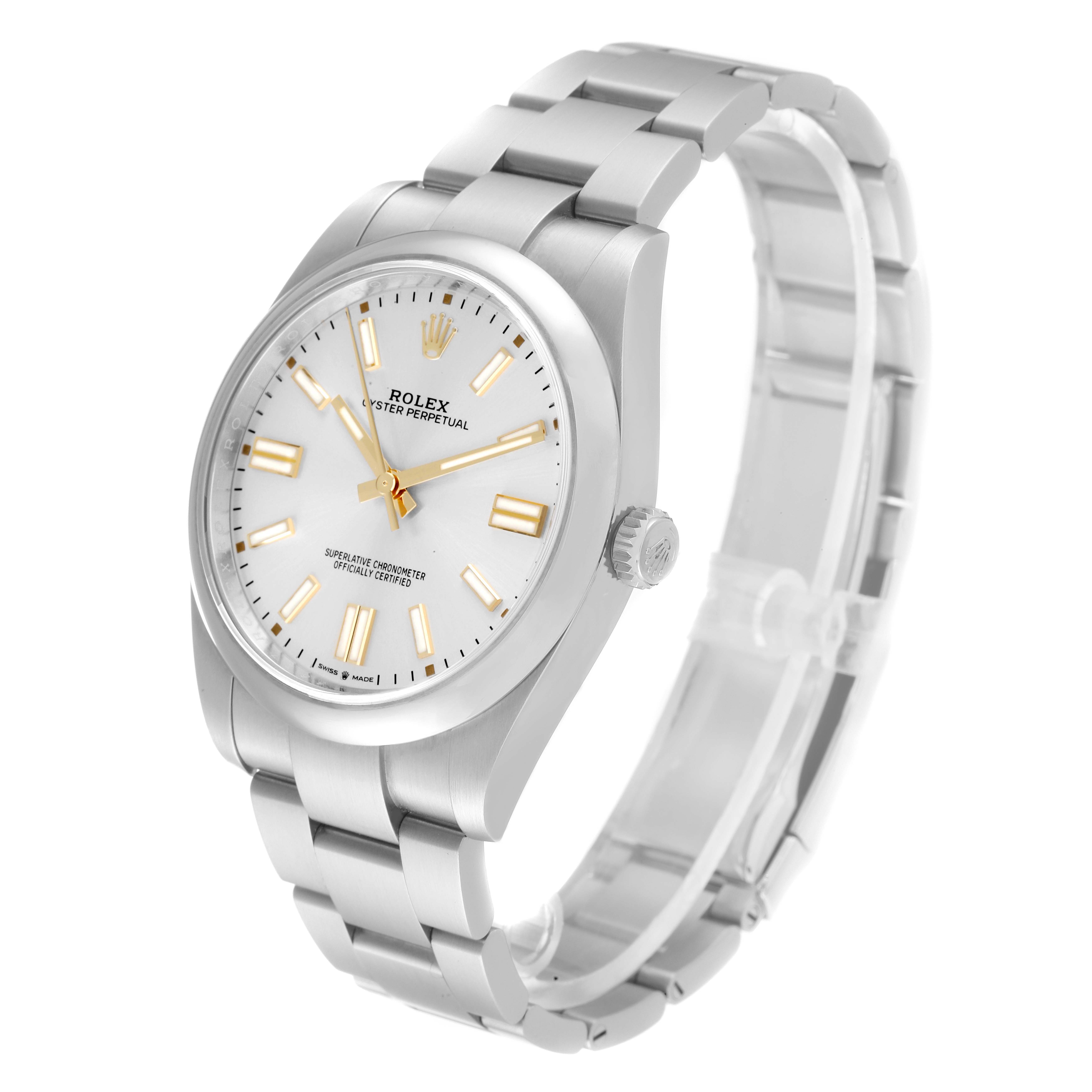 The Rolex Oyster Perpetual 124300 Men
s Stainless Steel Silver Dial 124300 Men
s Stainless Steel Silver Dial watch is shown from a three-quarter angle, displaying the face, crown, and bracelet.