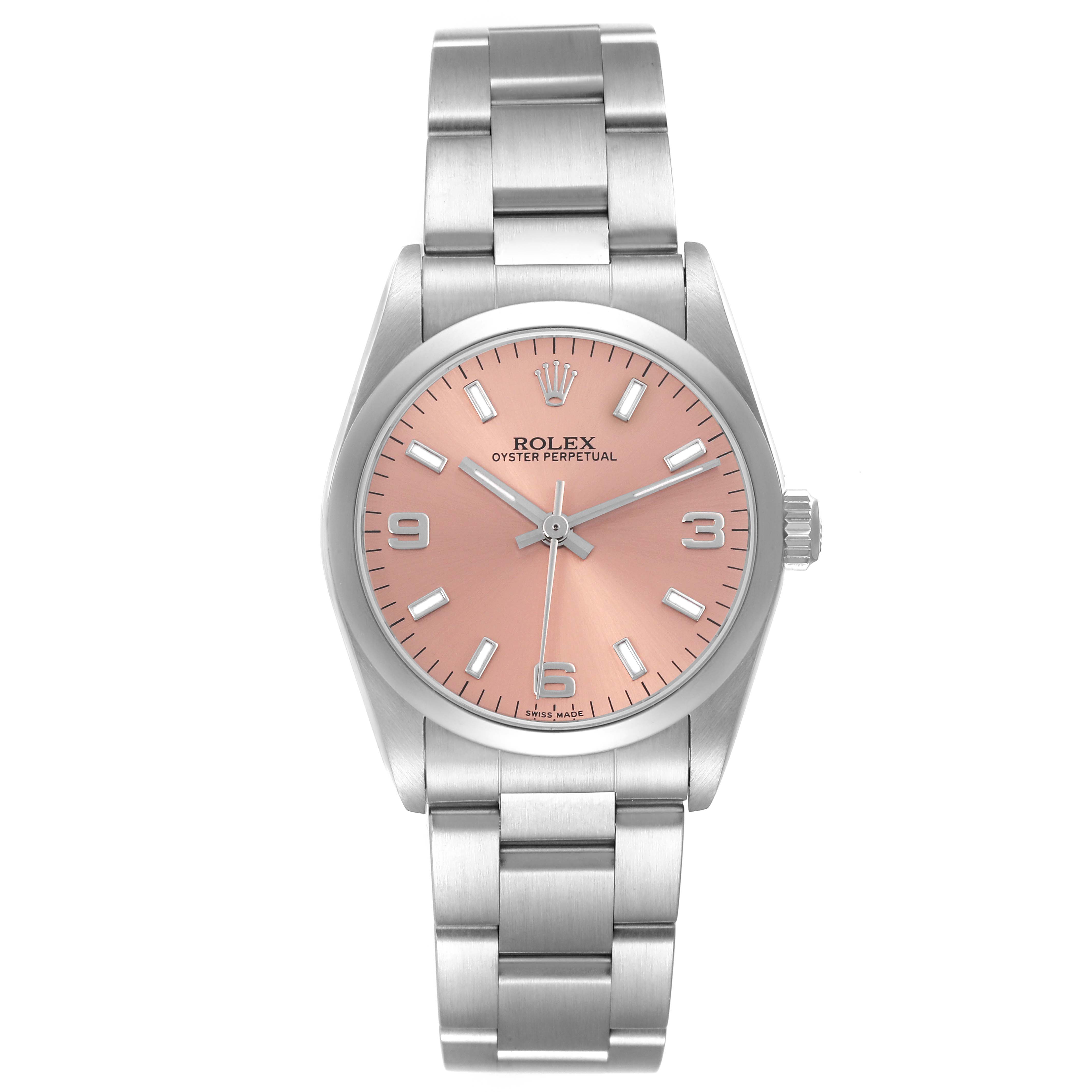 The Rolex Mid-Size 77080 Women's Stainless Steel Pink Dial 77080 Women's Stainless Steel Pink Dial watch is shown from the front, displaying the dial, bezel, bracelet, and crown.