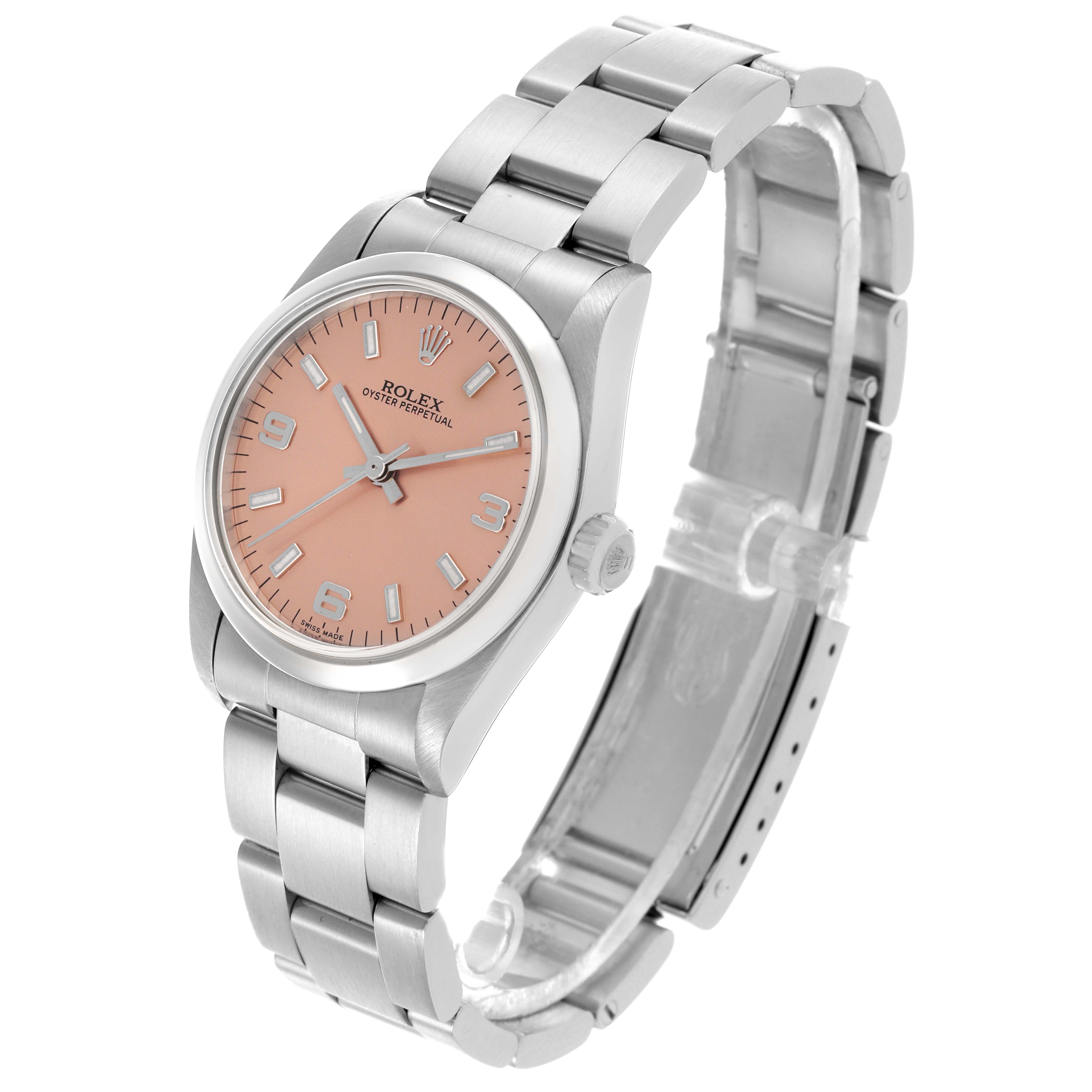 The Rolex Mid-Size 77080 Women's Stainless Steel Pink Dial 77080 Women's Stainless Steel Pink Dial watch is shown at a three-quarter angle, displaying the face, bezel, crown, and bracelet.