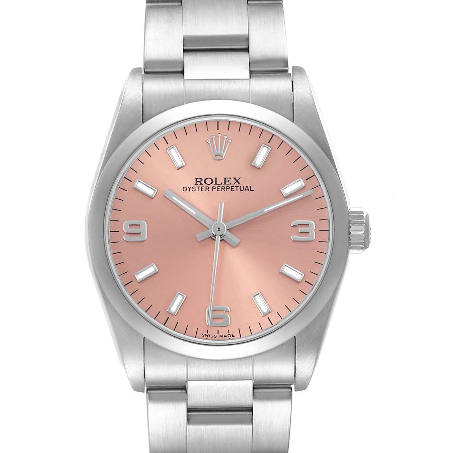 The Rolex Oyster Perpetual Mid-Size watch is shown from the front, displaying the dial, crown, and part of the bracelet.