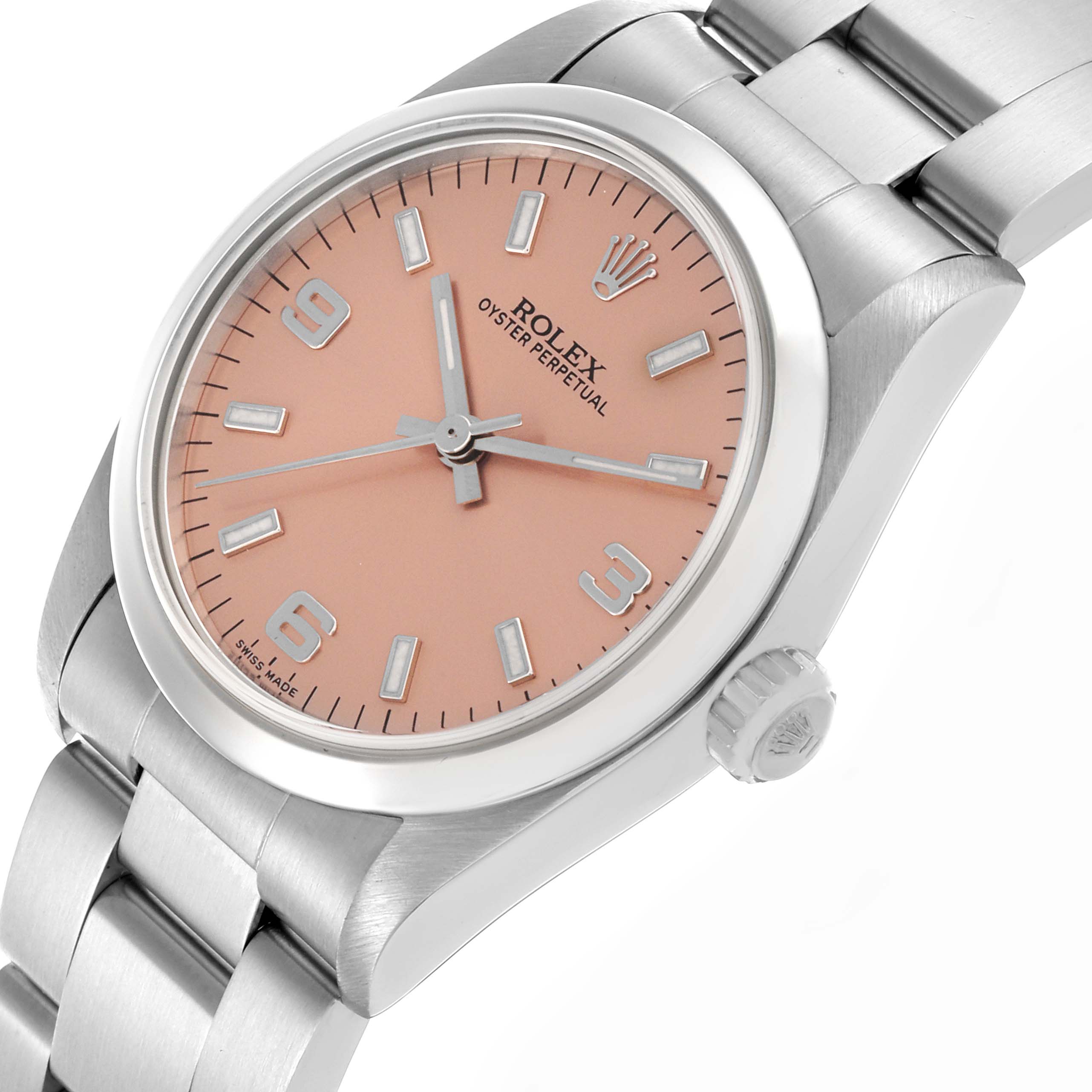 The Rolex Mid-Size 77080 Women's Stainless Steel Pink Dial 77080 Women's Stainless Steel Pink Dial watch is shown at a tilted angle, displaying the dial, bezel, crown, and part of the bracelet.