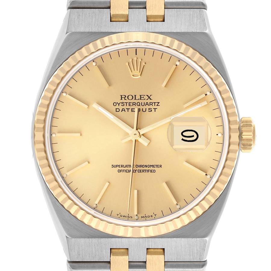 The Rolex Oysterquartz watch is shown from the front, highlighting the dial, bezel, crown, and part of the bracelet.