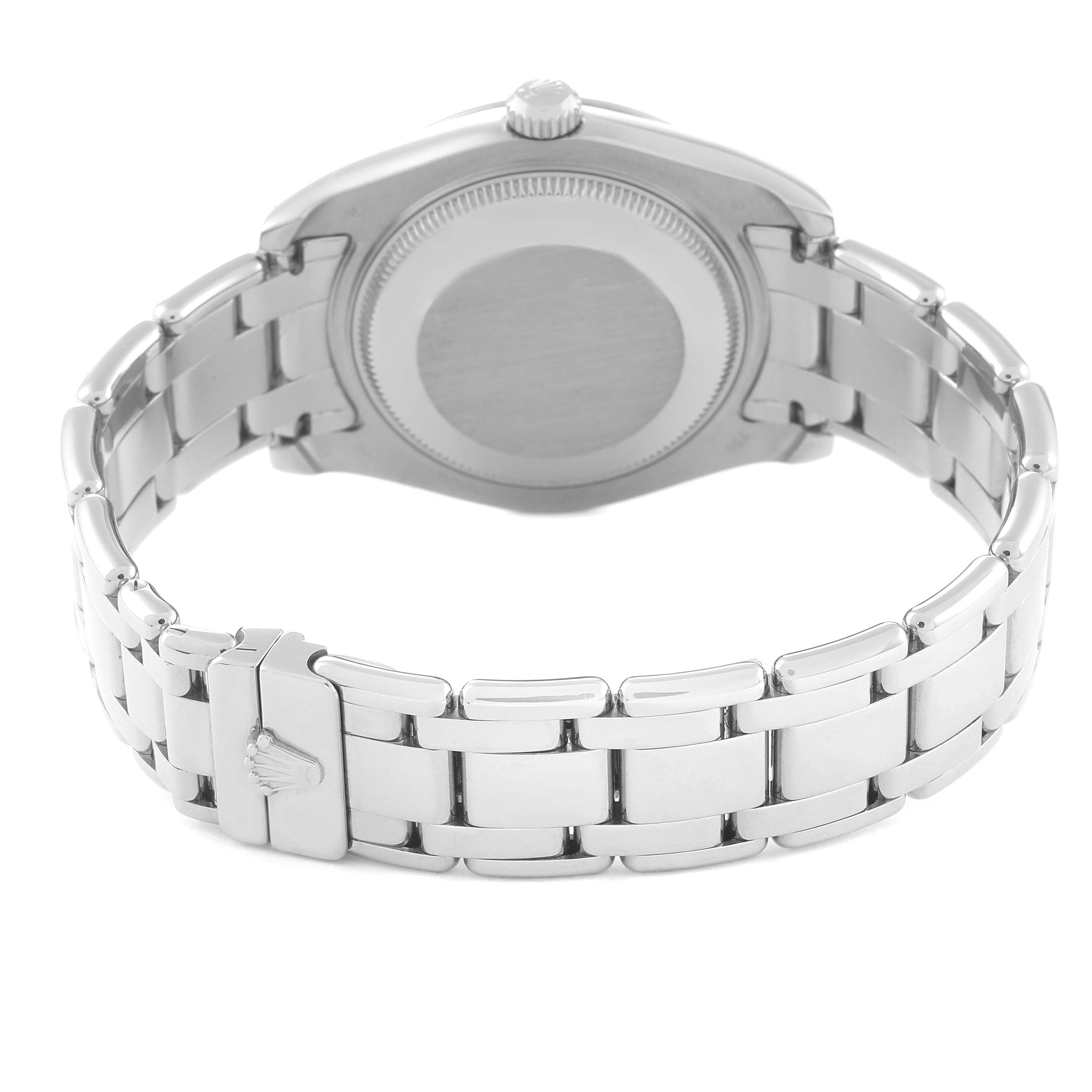 The image shows the rear angle of the Rolex Pearlmaster 81339 Women
s White Gold Silver Dial 81339 Women
s White Gold Silver Dial watch, highlighting the case back, crown, and bracelet.