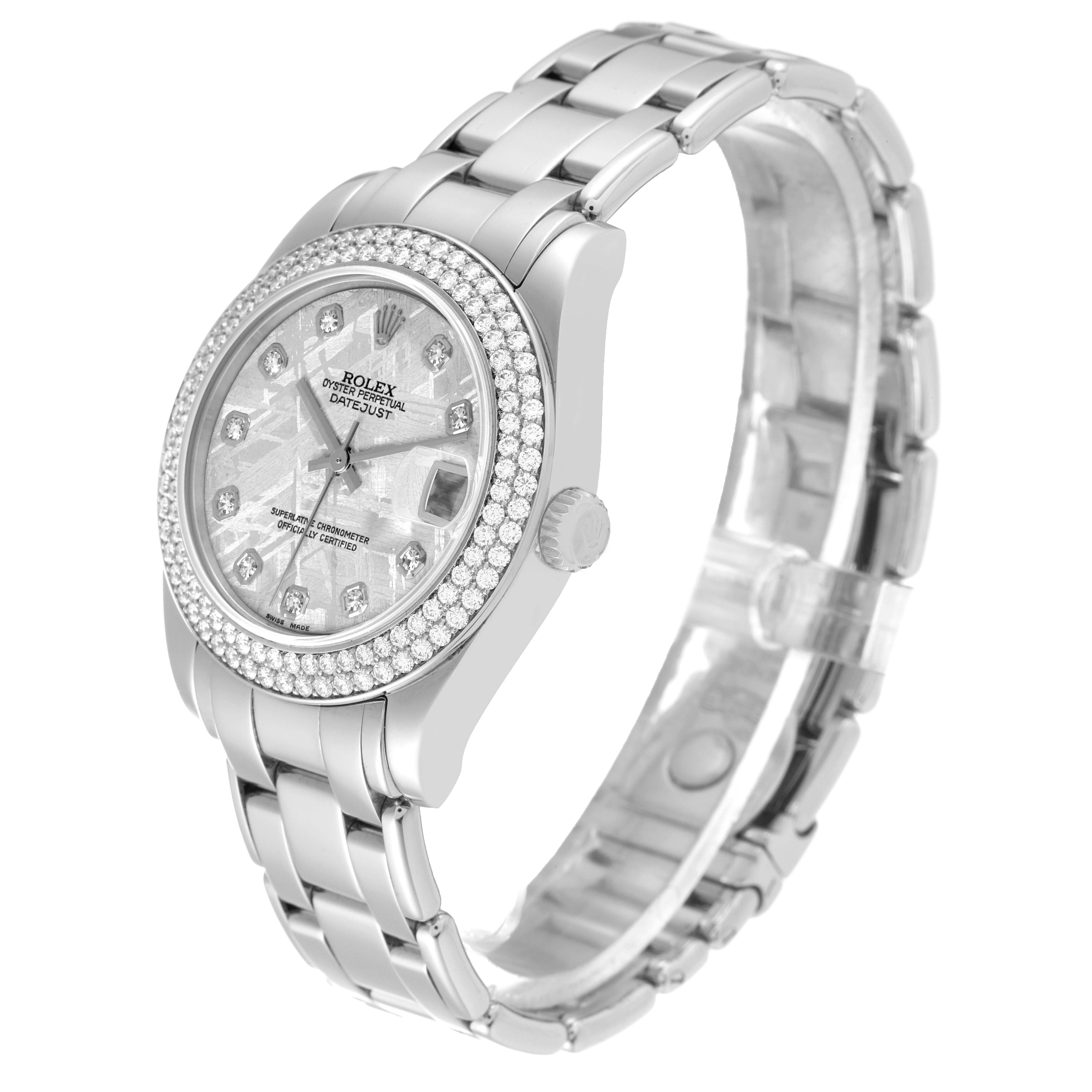 The Rolex Pearlmaster 81339 Women
s White Gold Silver Dial 81339 Women
s White Gold Silver Dial watch is shown at a front angle, displaying the face, bezel, and bracelet.