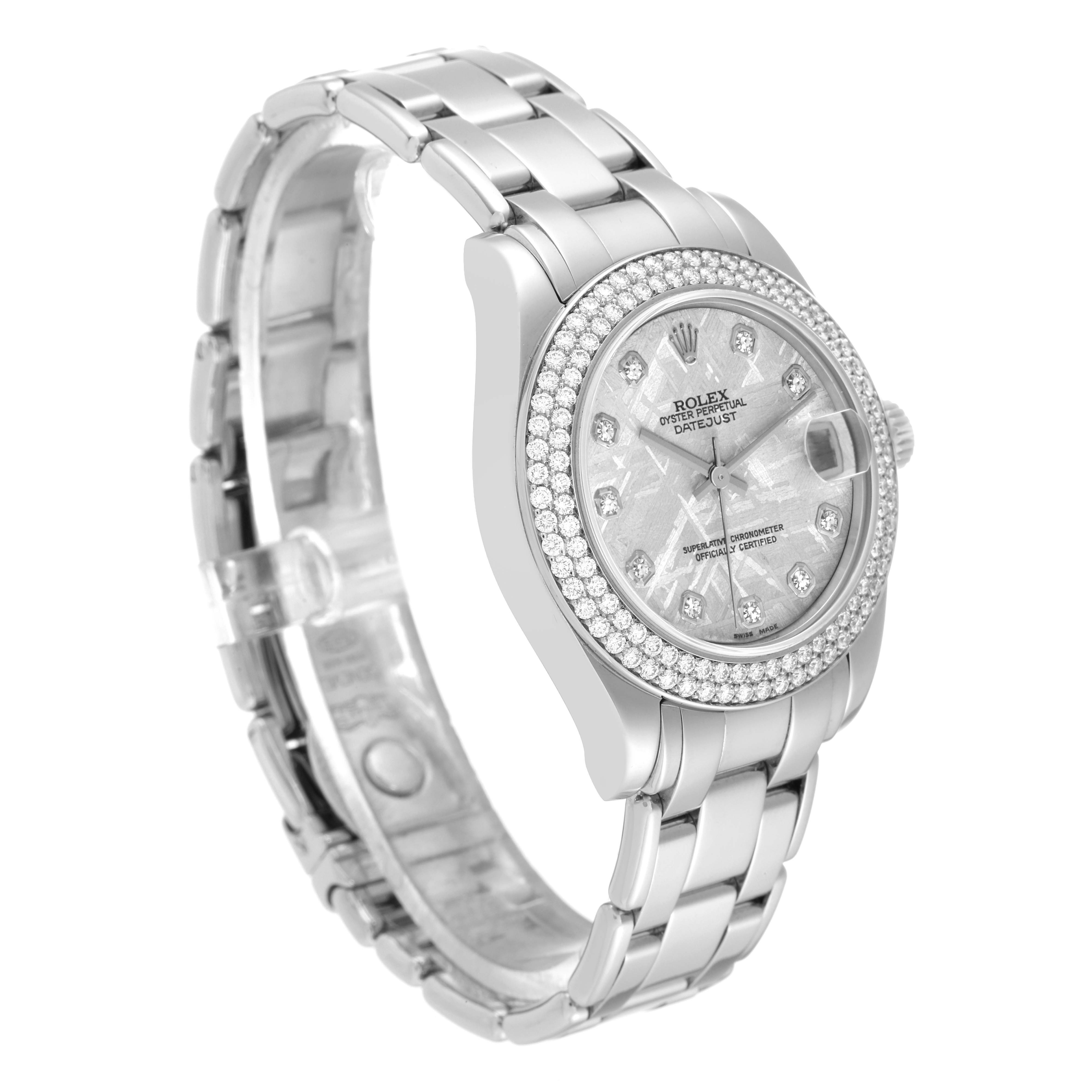 The Rolex Pearlmaster 81339 Women
s White Gold Silver Dial 81339 Women
s White Gold Silver Dial watch is shown at a three-quarter angle, displaying the dial, bezel, and bracelet.