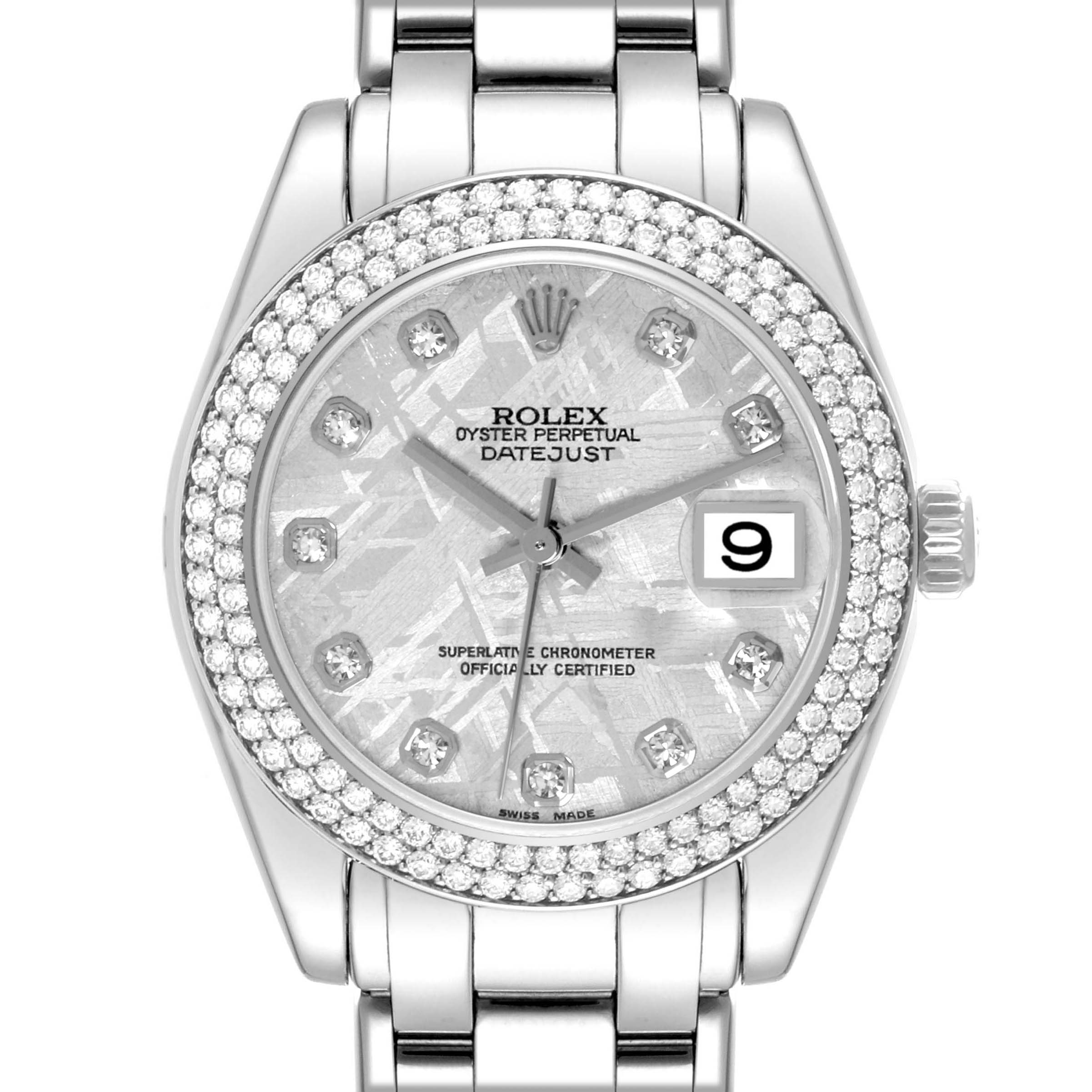 The Rolex Pearlmaster 81339 Women
s White Gold Silver Dial 81339 Women
s White Gold Silver Dial watch is shown from a frontal view displaying the face, bezel, and part of the bracelet.