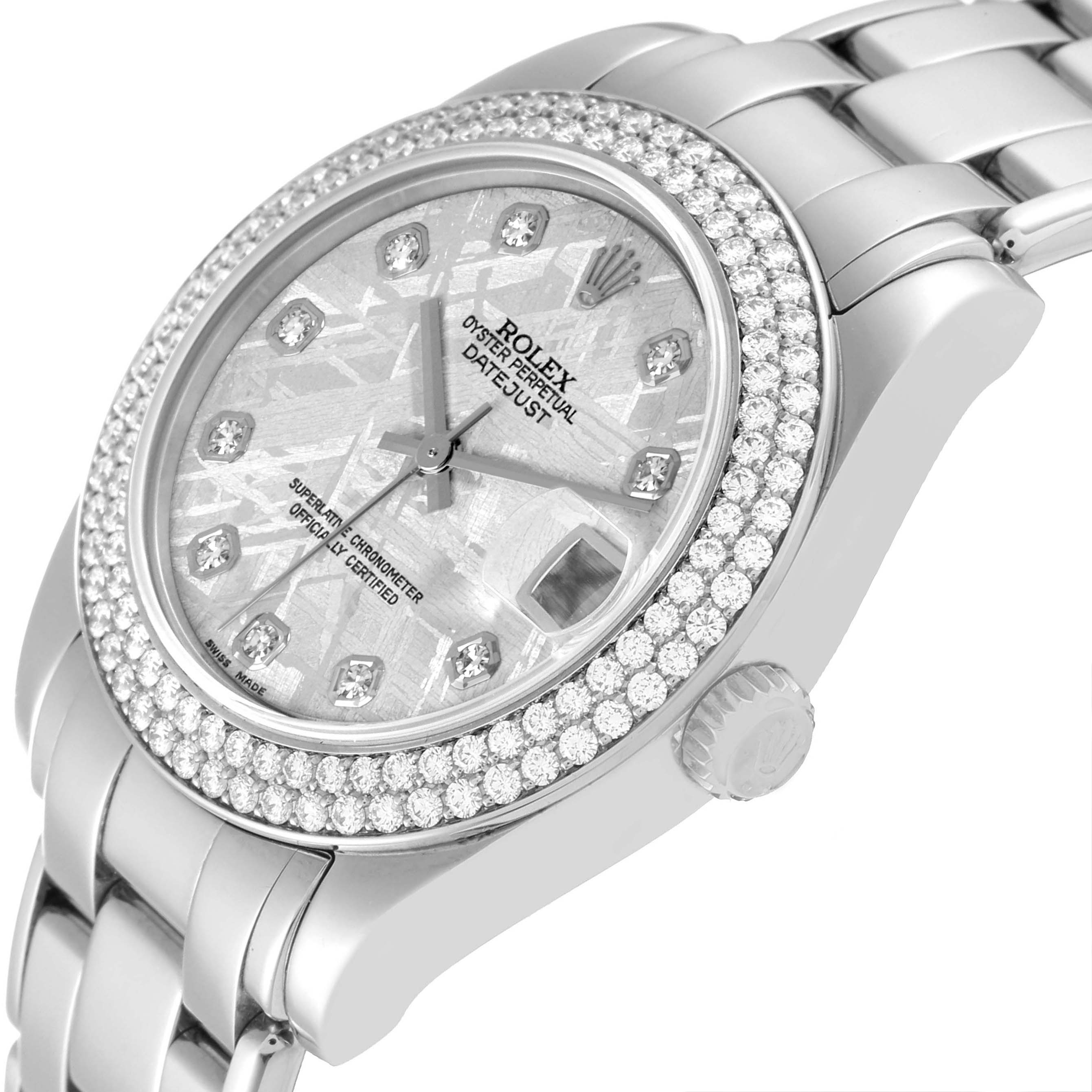 The Rolex Pearlmaster 81339 Women
s White Gold Silver Dial 81339 Women
s White Gold Silver Dial watch is shown at an angled side view, highlighting the bezel, dial, and part of the bracelet.