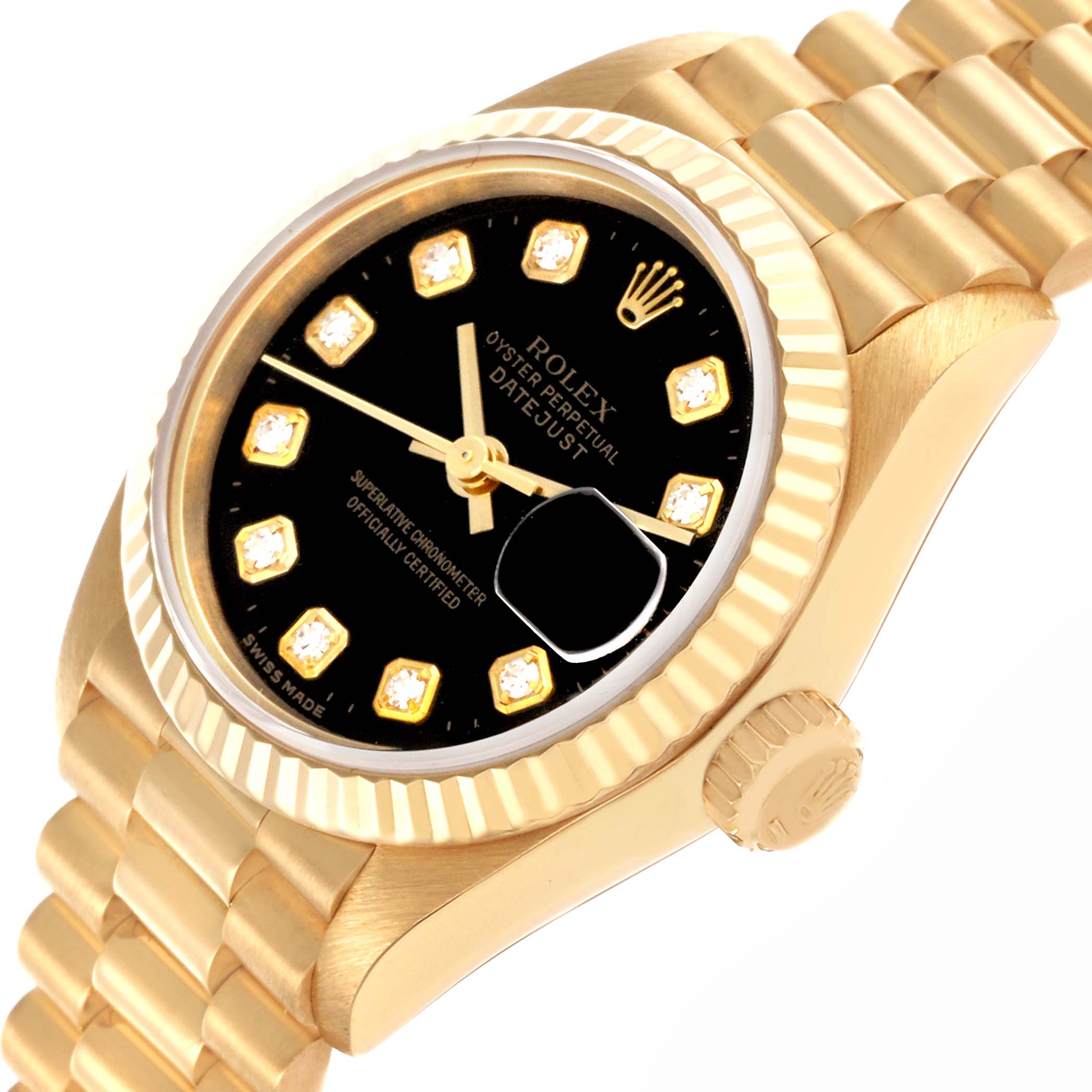 The Rolex President 69178 Women's Yellow Gold Black Dial 69178 Women's Yellow Gold Black Dial model is shown at an angled view displaying the dial, bezel, crown, and part of the bracelet.