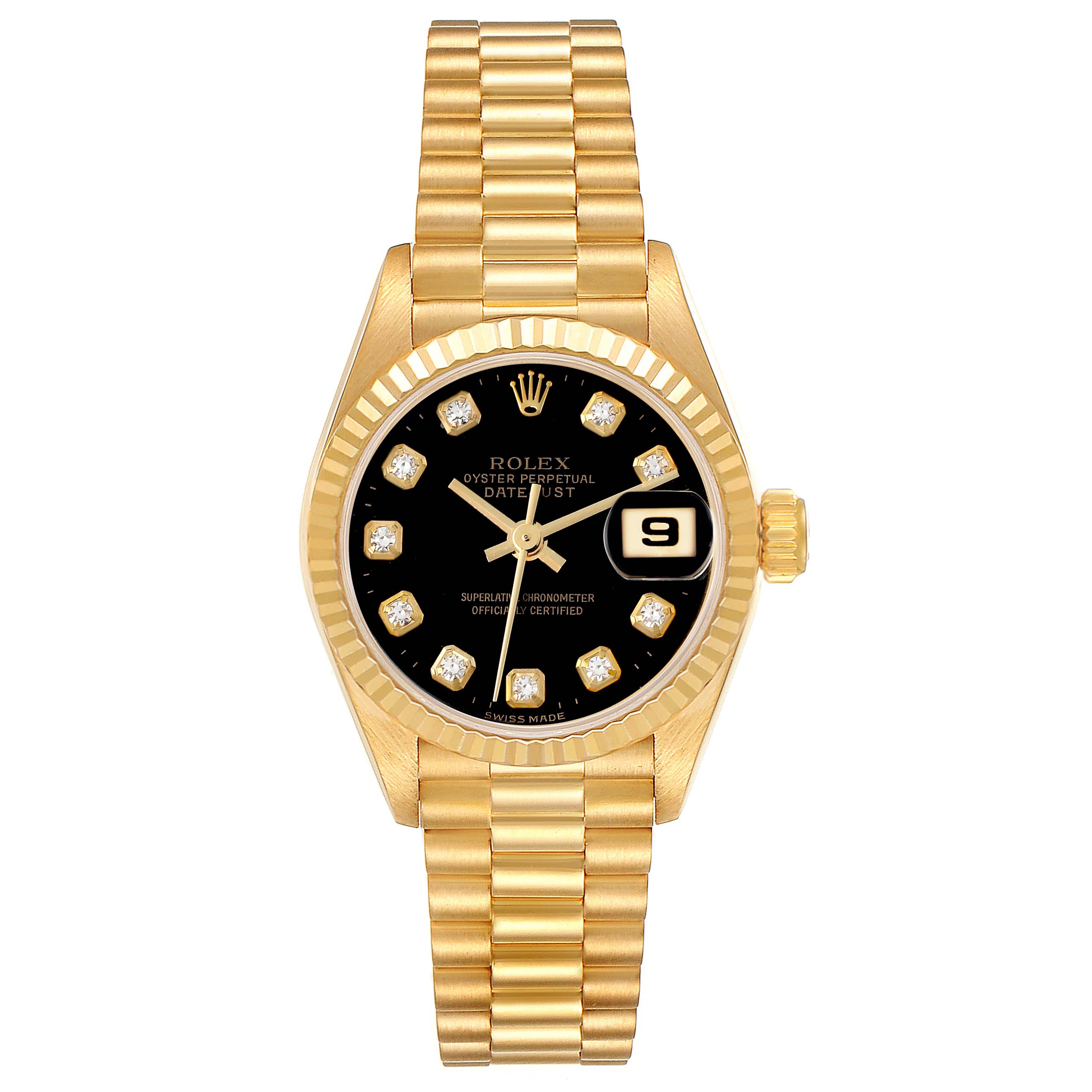 The Rolex President 69178 Women's Yellow Gold Black Dial 69178 Women's Yellow Gold Black Dial model is shown from a top view, highlighting the gold bracelet, black dial, and fluted bezel.