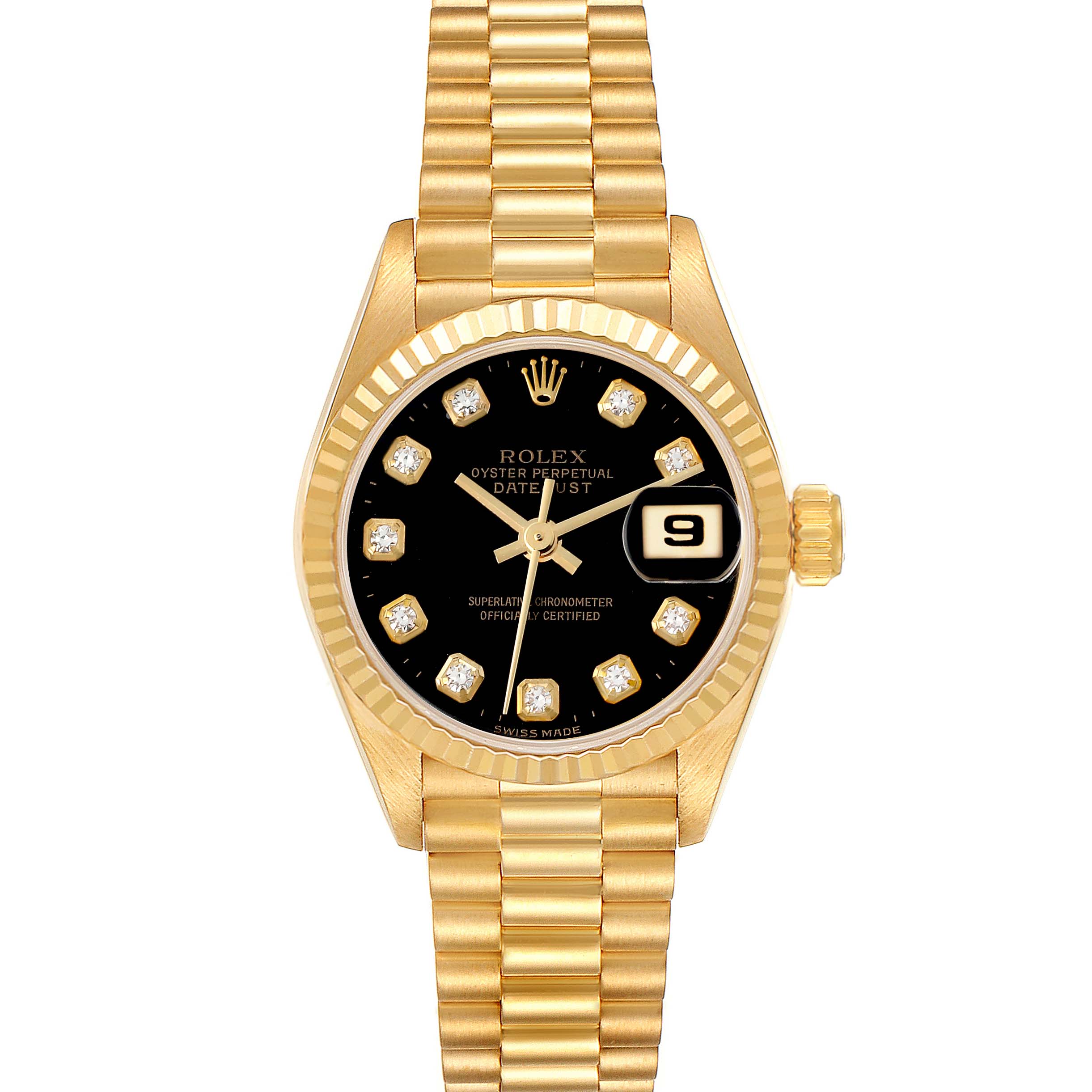The Rolex President 69178 Women's Yellow Gold Black Dial 69178 Women's Yellow Gold Black Dial model is shown from the front, highlighting the watch face, bezel, crown, and bracelet.