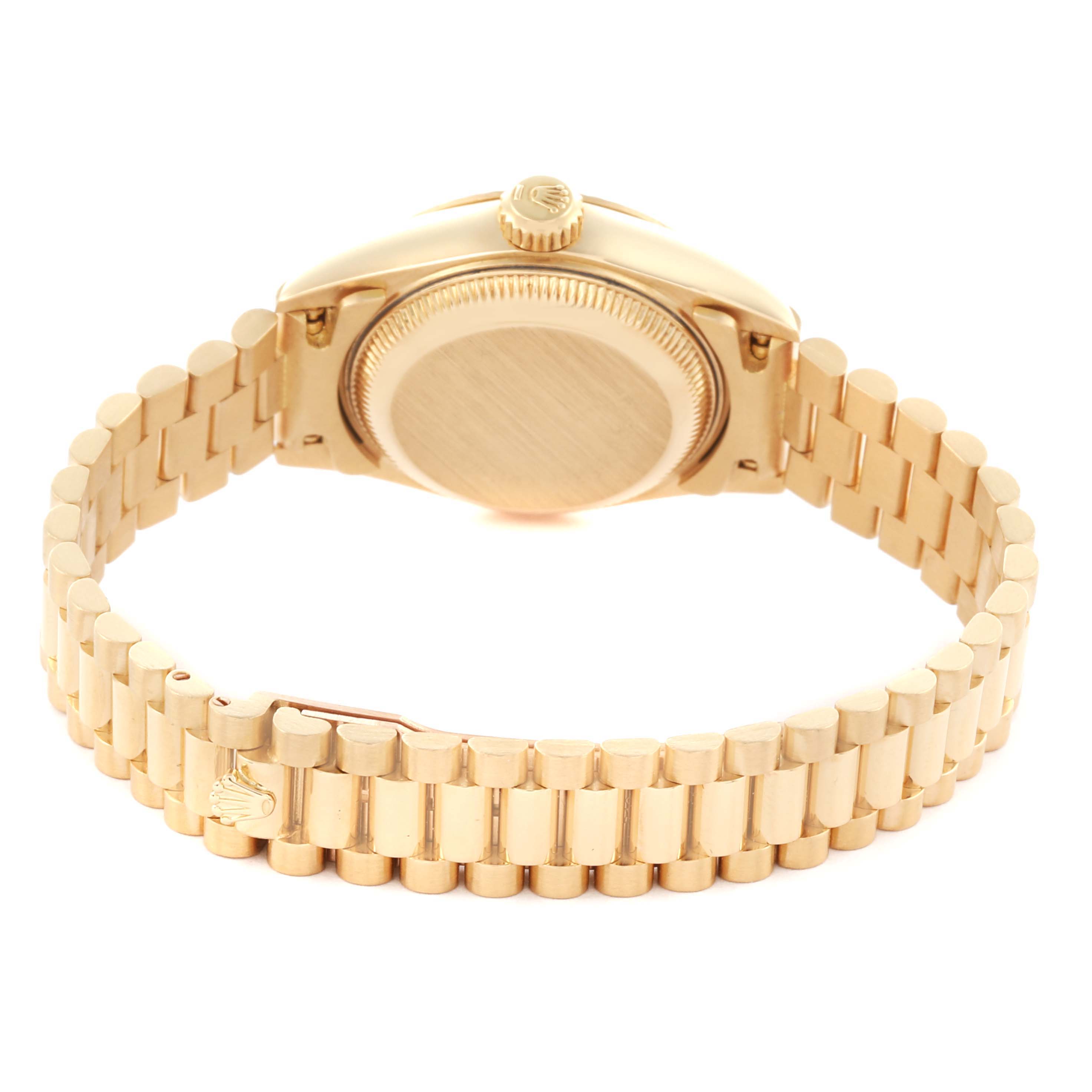 The Rolex President 69178 Women's Yellow Gold Black Dial 69178 Women's Yellow Gold Black Dial model is shown from the backside, highlighting the case back and bracelet.