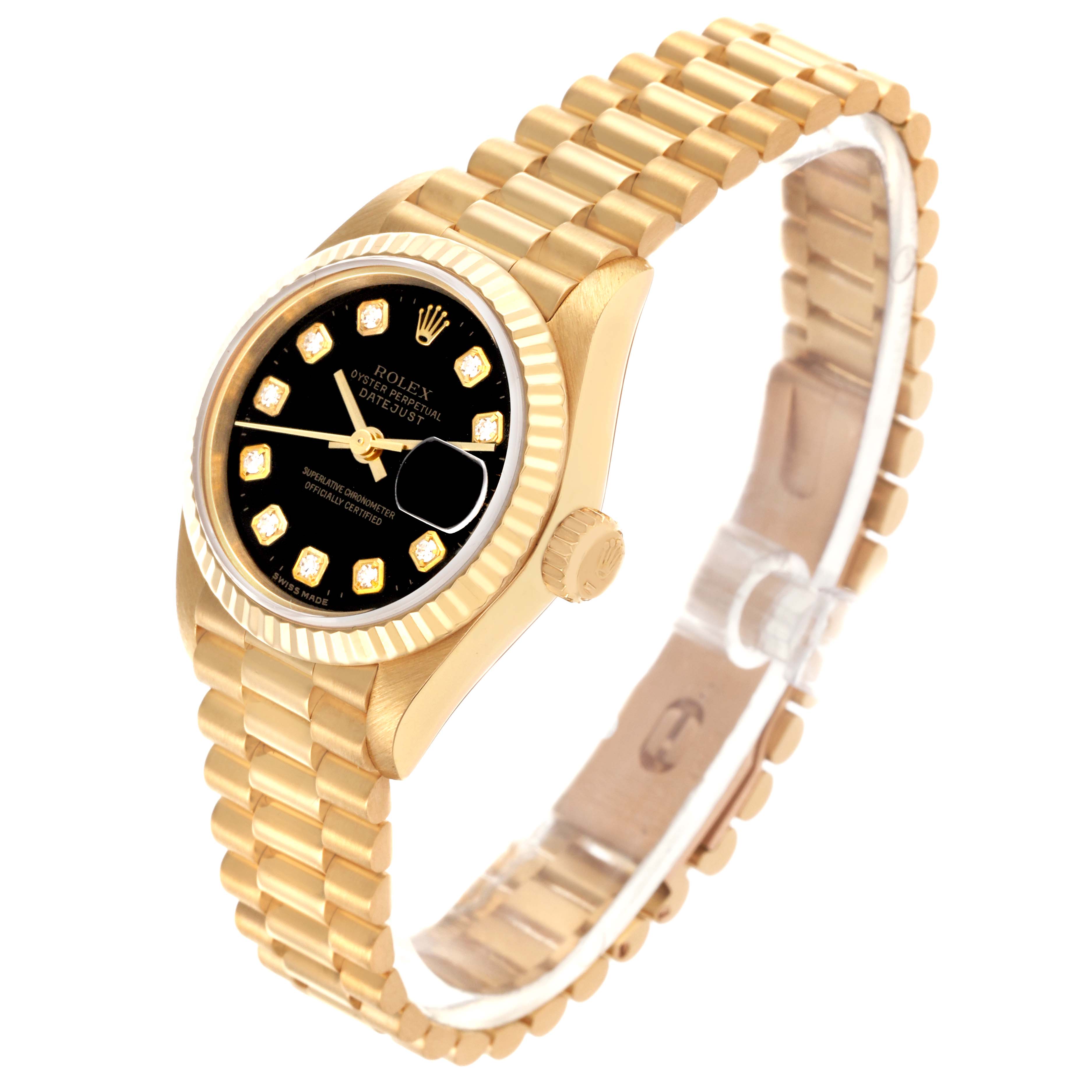 The image shows a Rolex President 69178 Women's Yellow Gold Black Dial 69178 Women's Yellow Gold Black Dial watch at an angled view, displaying the face, band, and crown.