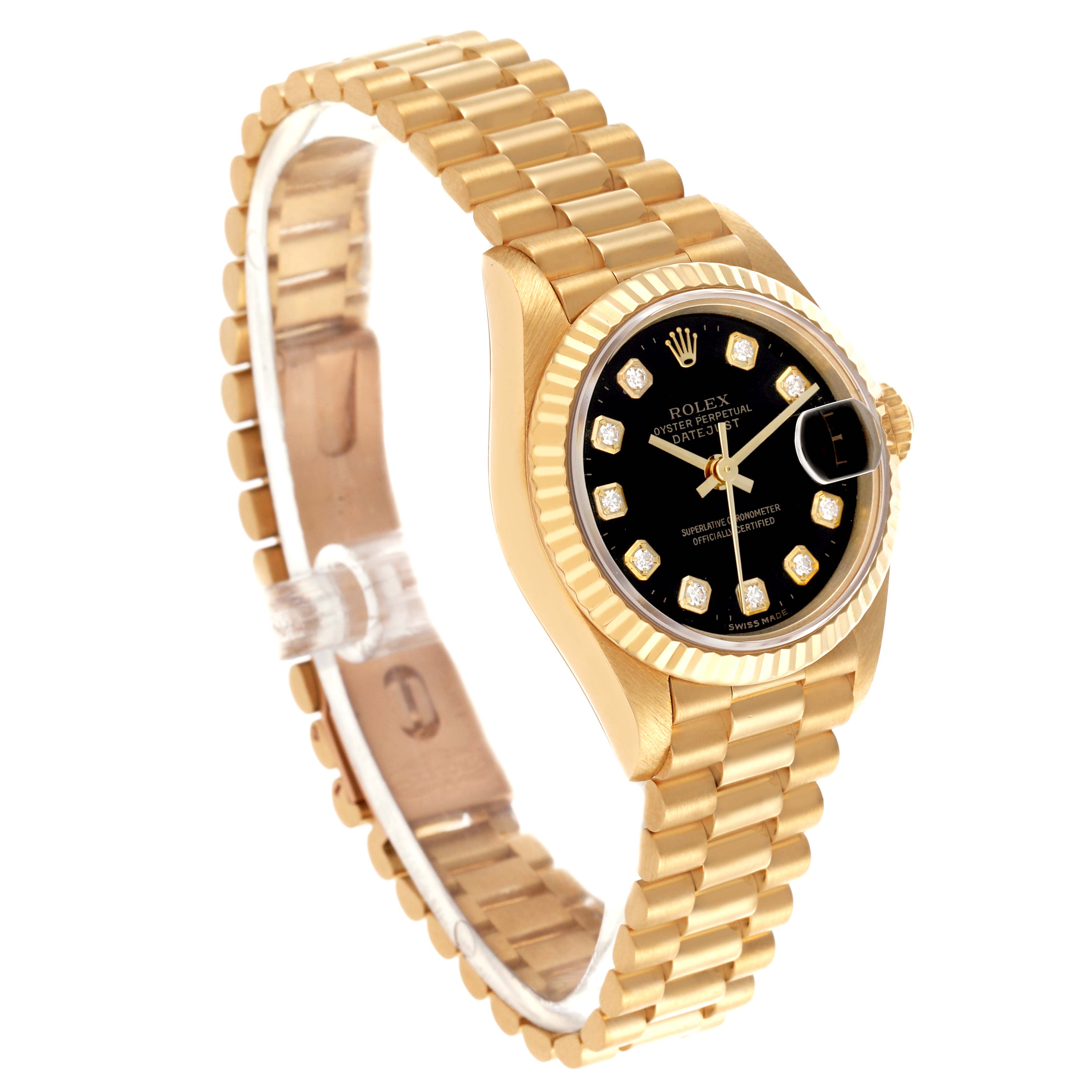The Rolex President 69178 Women's Yellow Gold Black Dial 69178 Women's Yellow Gold Black Dial watch is shown at a tilted angle, highlighting the dial, bezel, and bracelet.