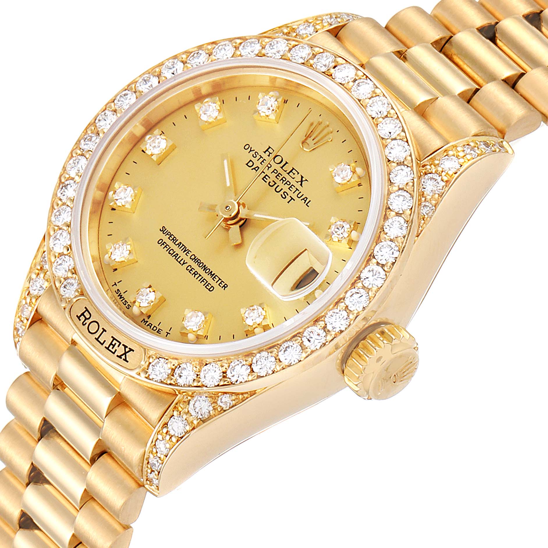 The image shows an angled view of a Rolex President 69158 Women
s Yellow Gold Champagne Dial 69158 Women
s Yellow Gold Champagne Dial watch, highlighting the dial, bezel, and bracelet.
