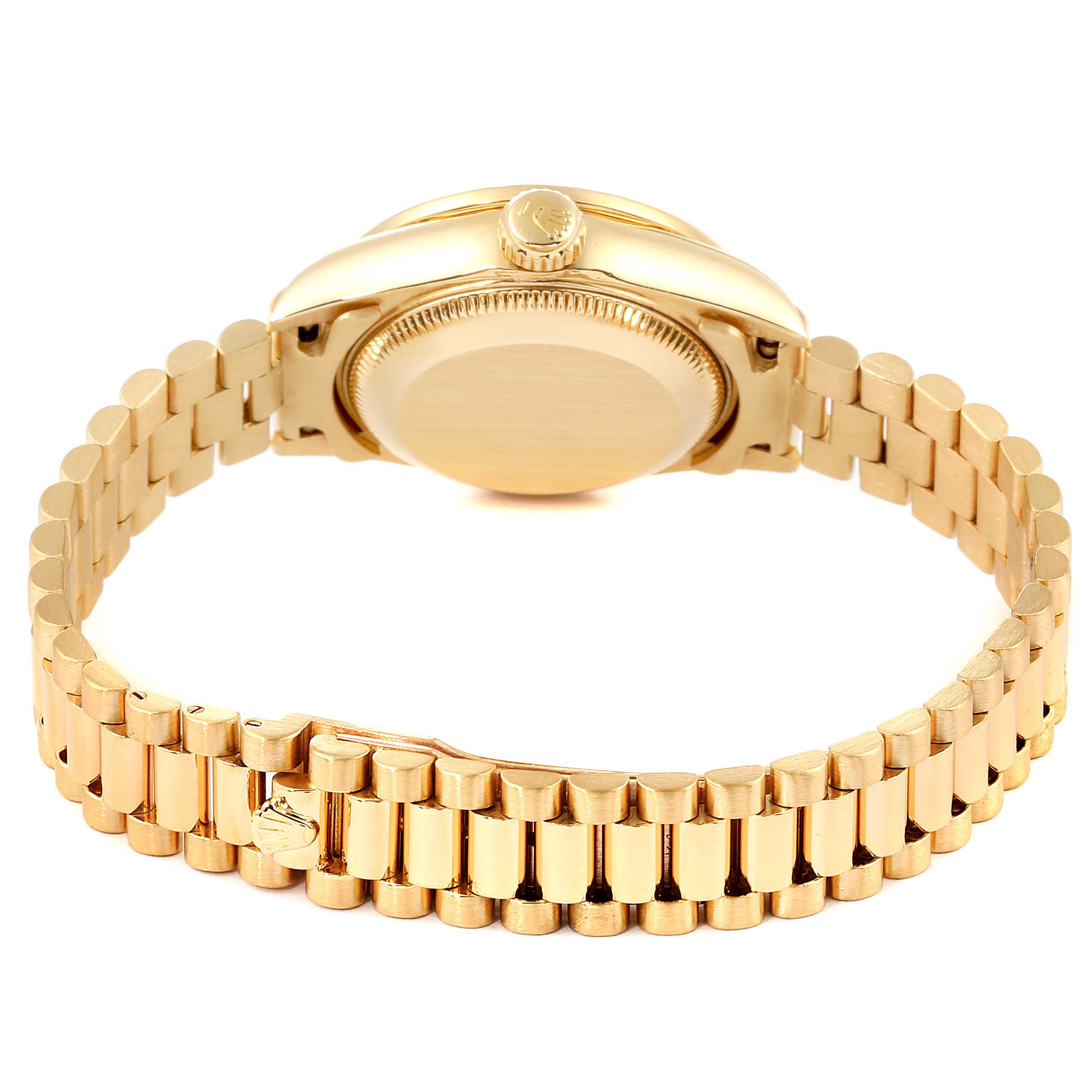 This image shows the back and side view of the gold Rolex President 69158 Women
s Yellow Gold Champagne Dial 69158 Women
s Yellow Gold Champagne Dial model, highlighting its bracelet and crown.