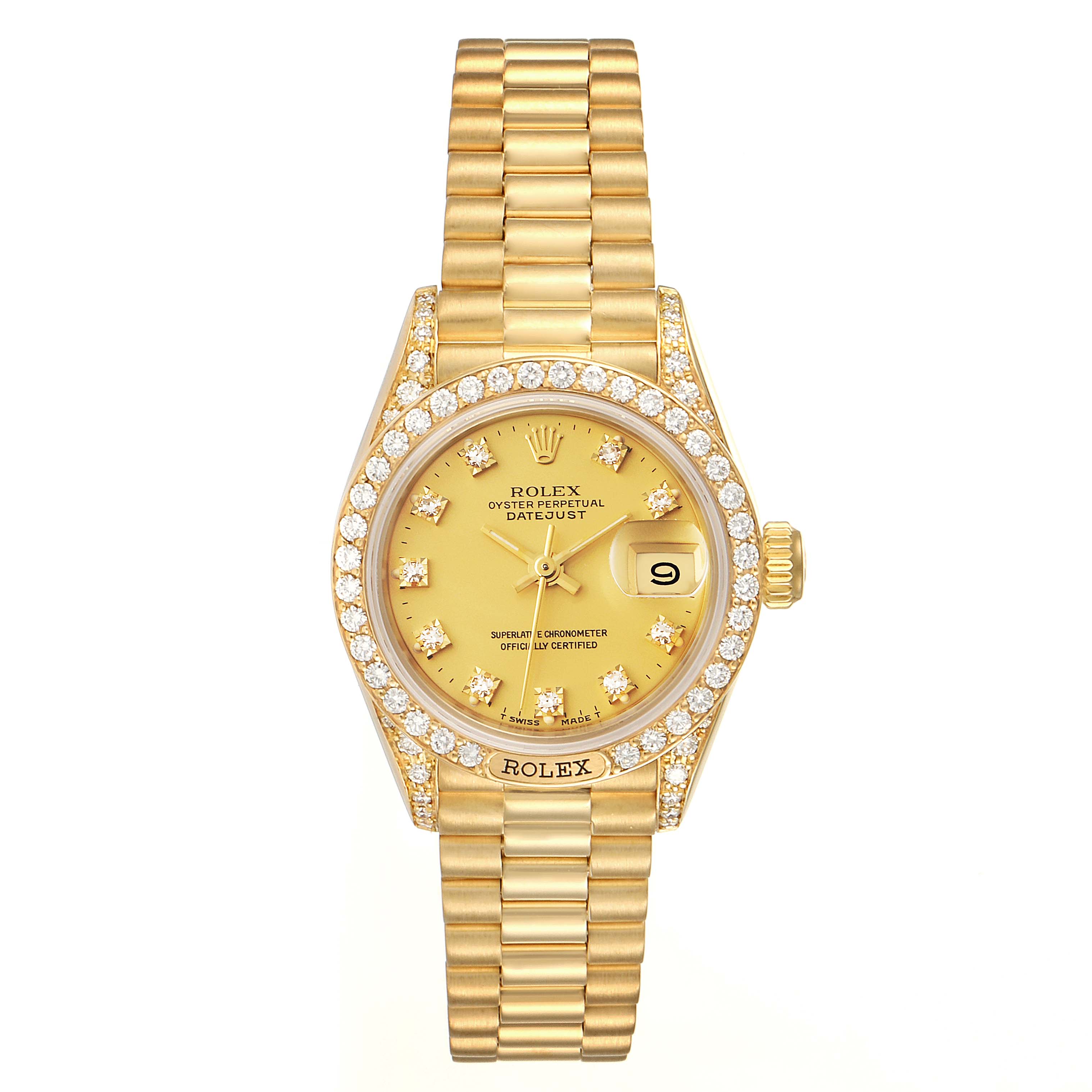 The image shows a frontal view of a Rolex President 69158 Women
s Yellow Gold Champagne Dial 69158 Women
s Yellow Gold Champagne Dial model watch, highlighting its gold band, diamond-encrusted bezel, and dial.