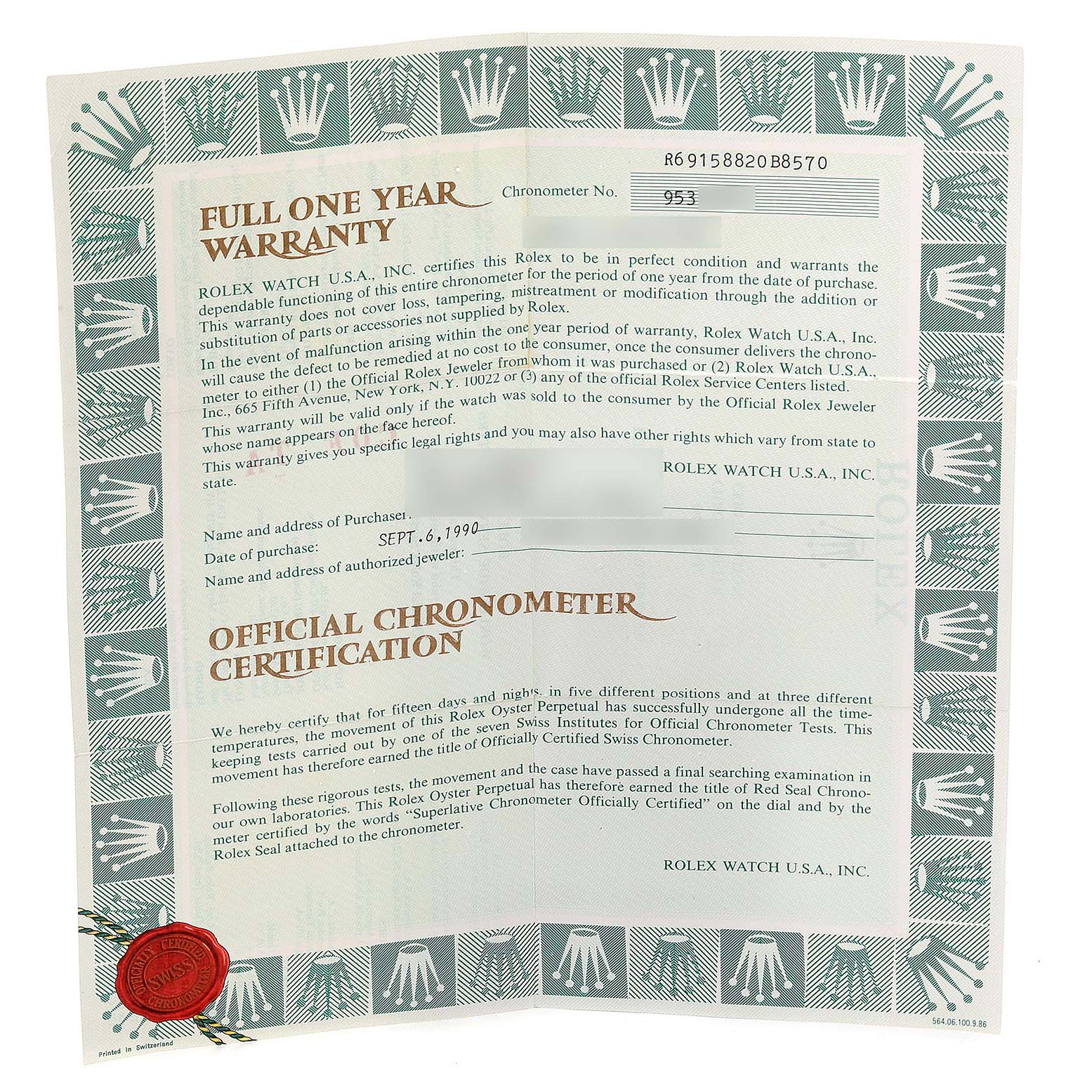 This image shows the warranty and certification papers for a Rolex President 69158 Women
s Yellow Gold Champagne Dial 69158 Women
s Yellow Gold Champagne Dial model watch.