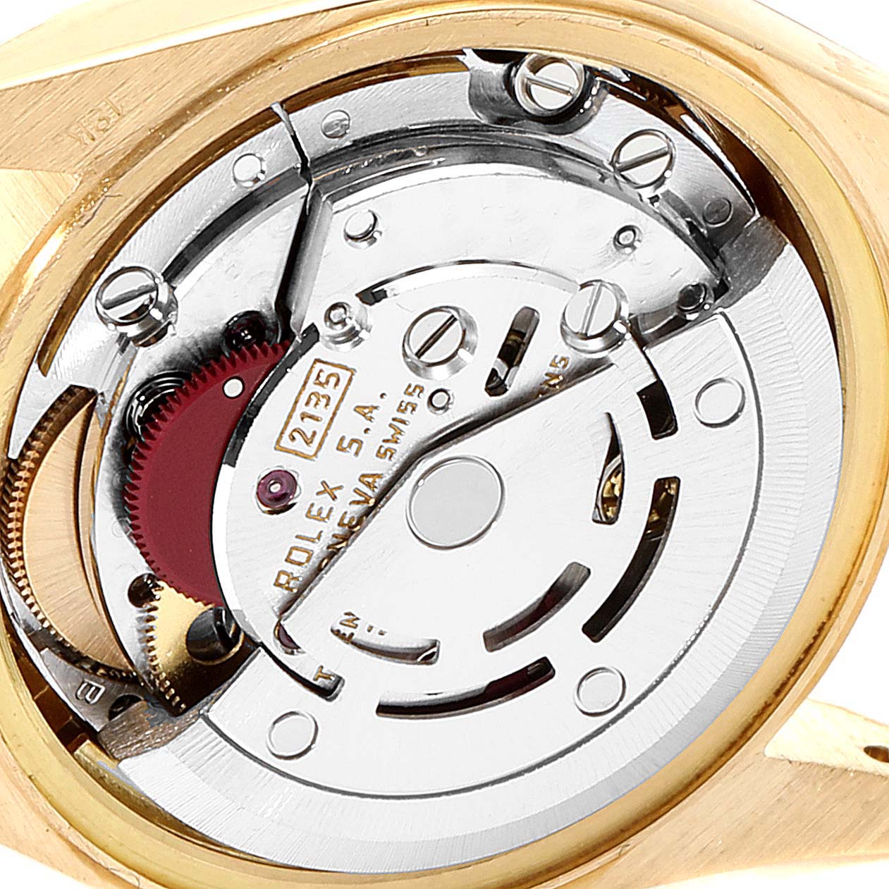This is a close-up of the internal mechanism of a Rolex President 69158 Women
s Yellow Gold Champagne Dial 69158 Women
s Yellow Gold Champagne Dial model watch, showcasing its intricate components.